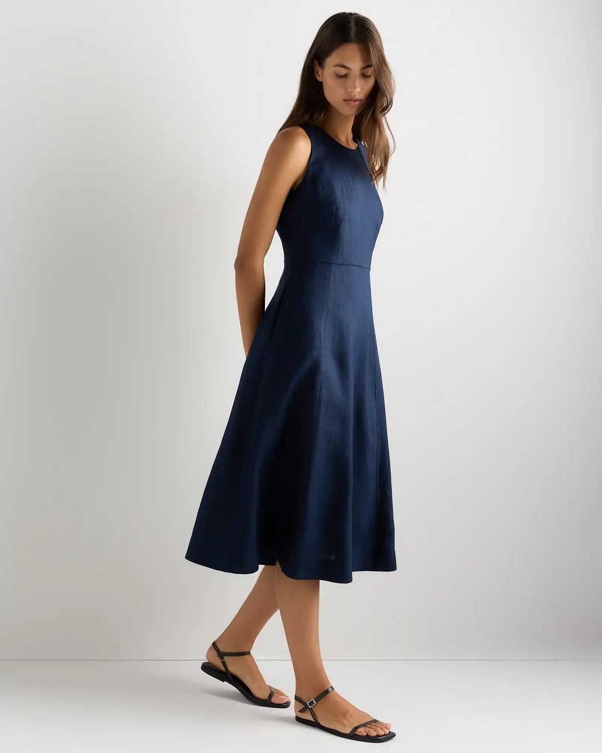 100% European Linen High Neck Midi Dress