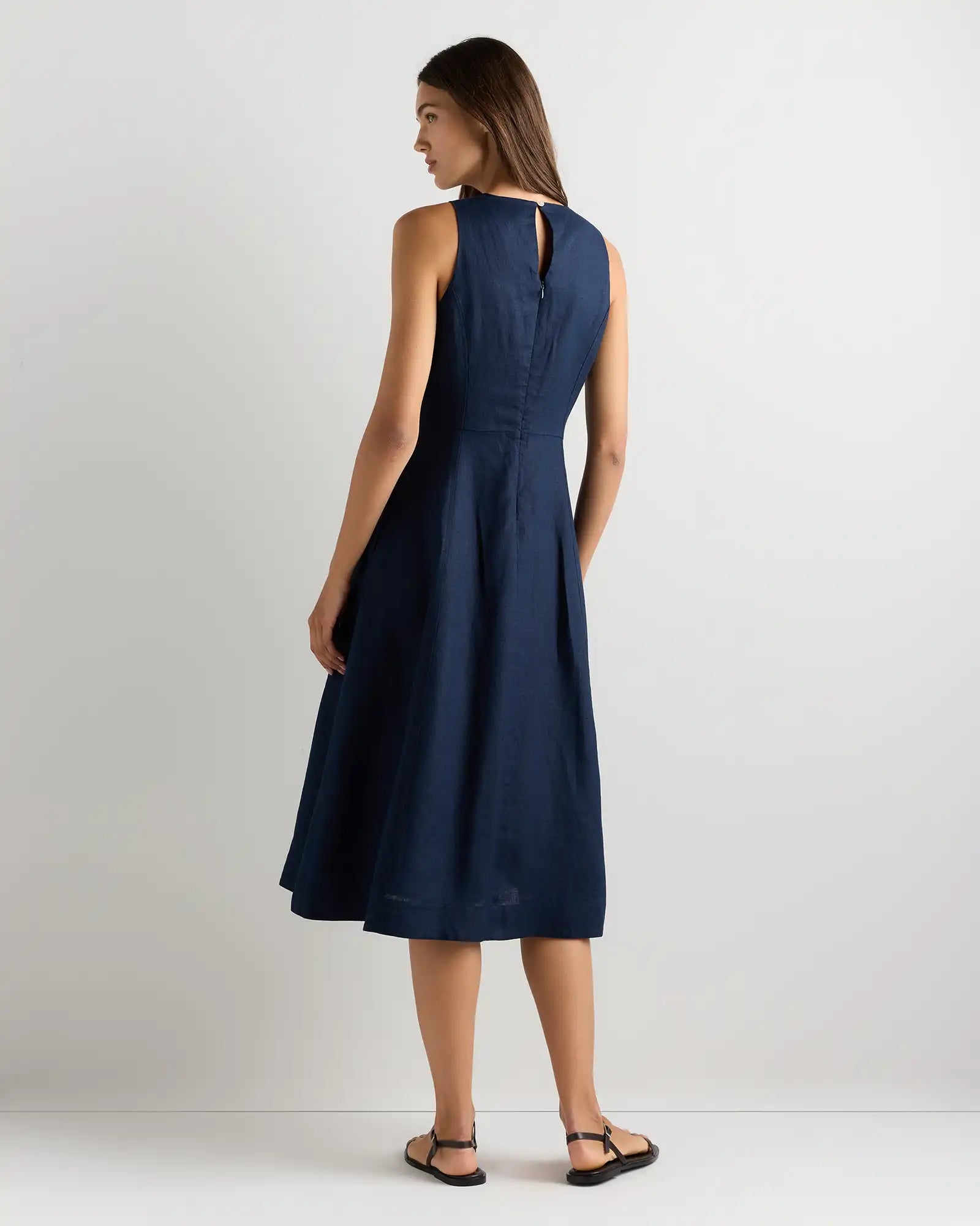 100% European Linen High Neck Midi Dress