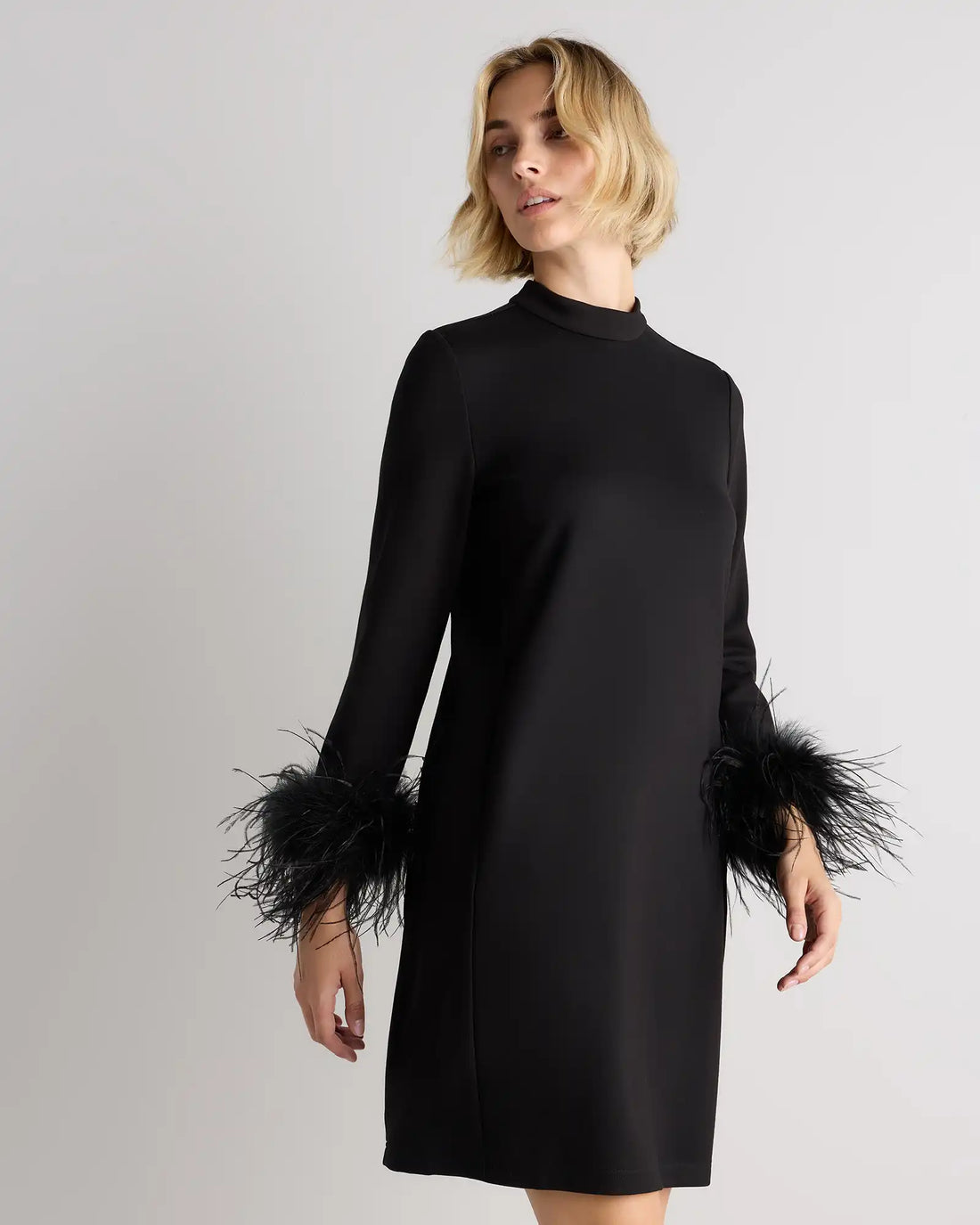 Ultra-Stretch Ponte Feather Trim Mini Dress