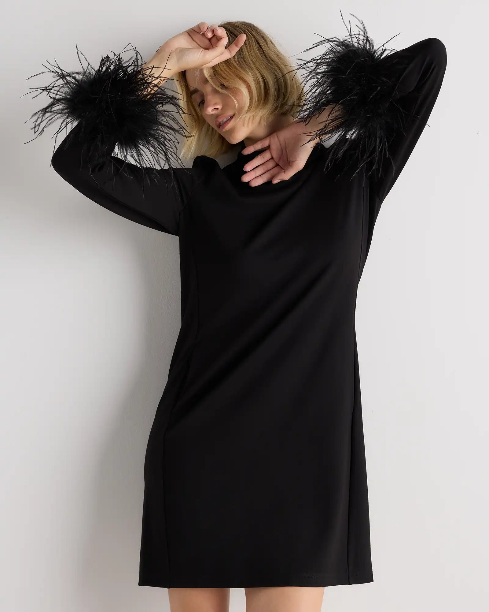 Ultra-Stretch Ponte Feather Trim Mini Dress