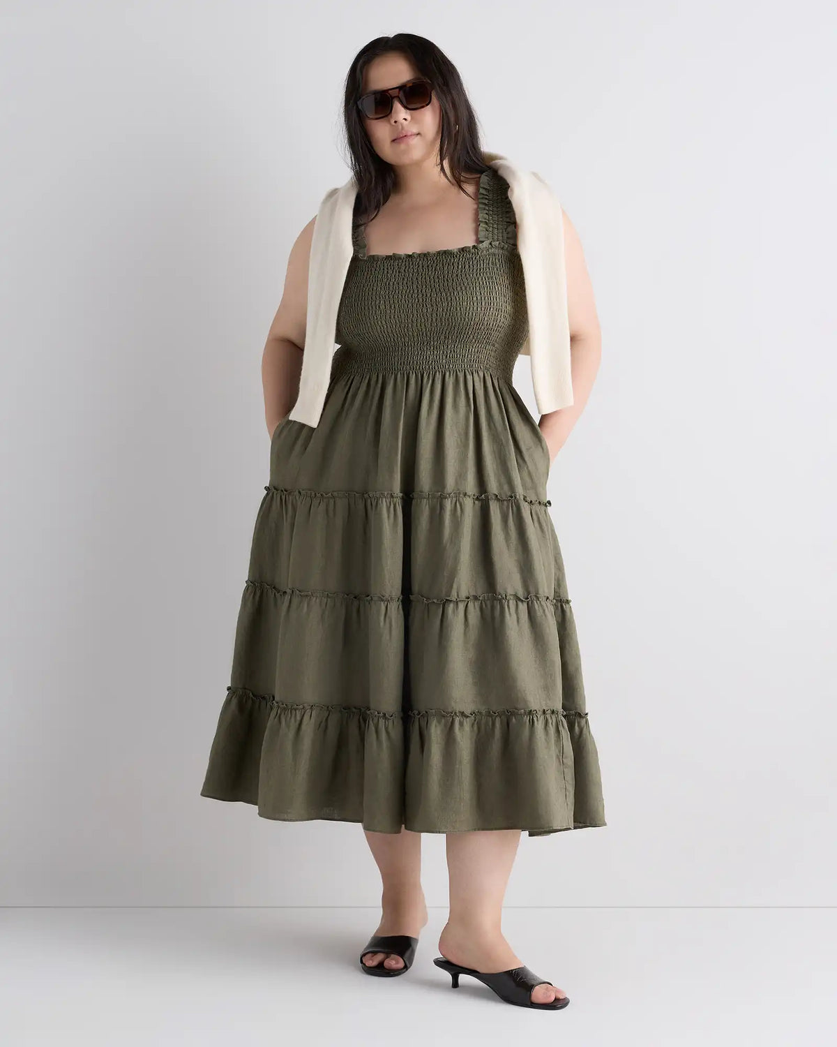 100% European Linen Smocked Midi Dress