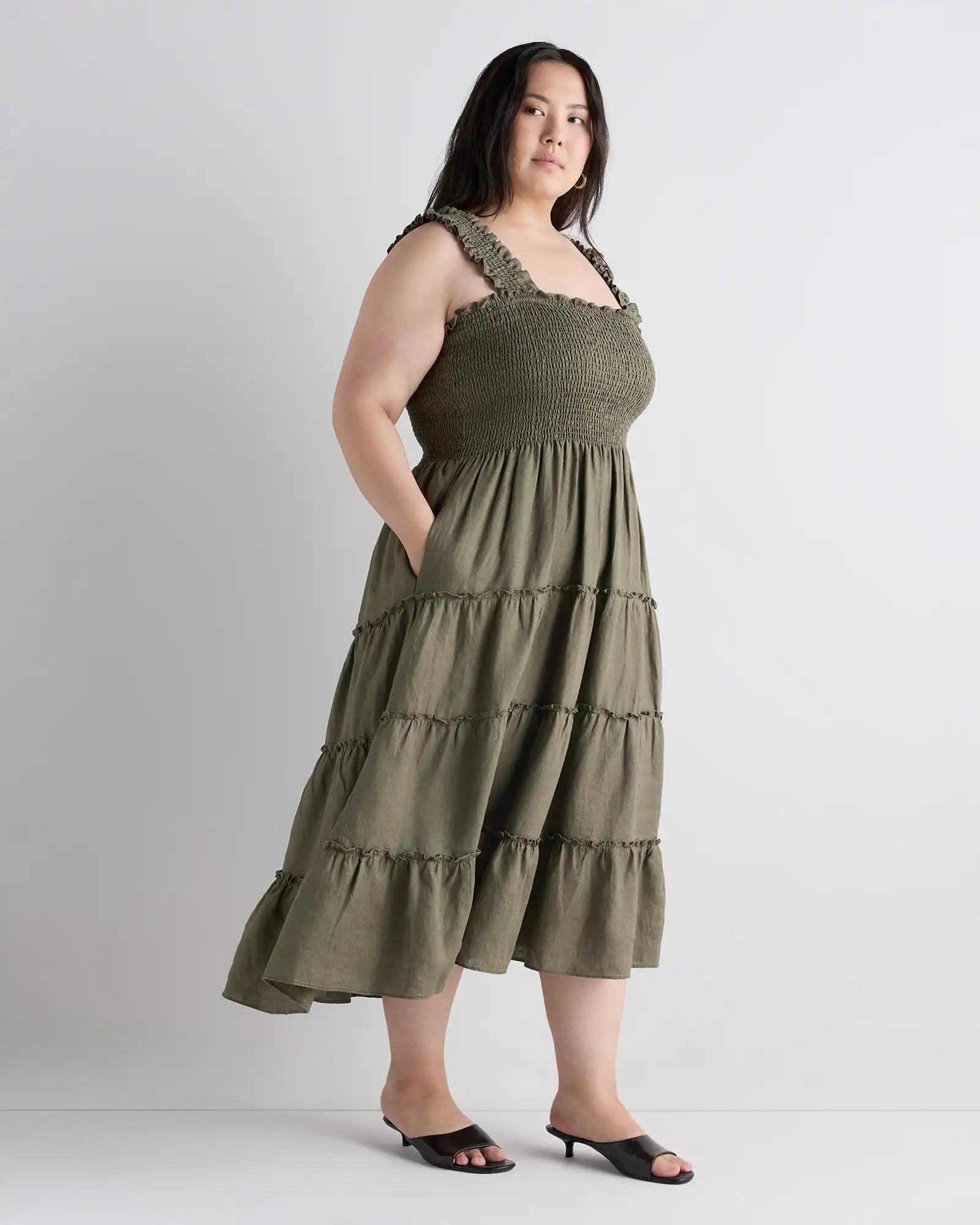 100% European Linen Smocked Midi Dress