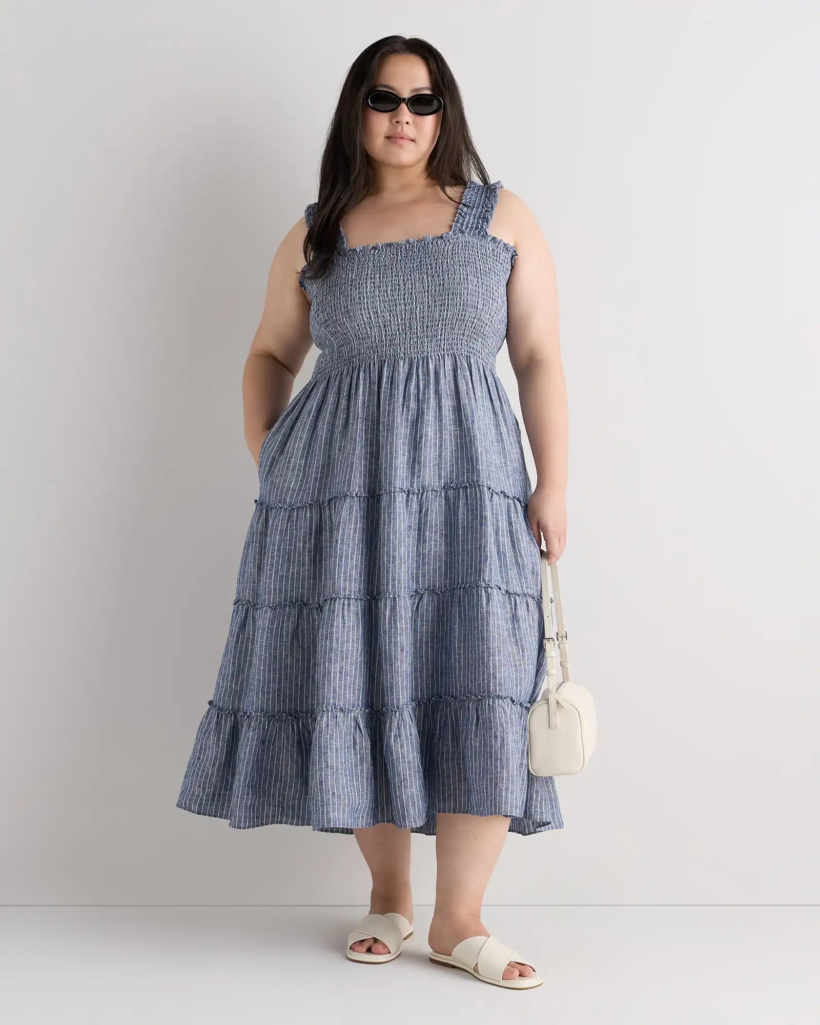 100% European Linen Smocked Midi Dress