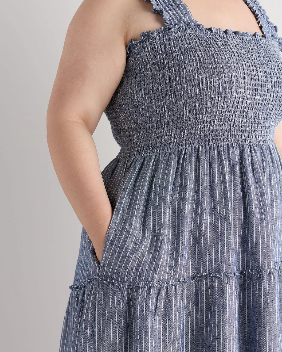 100% European Linen Smocked Midi Dress