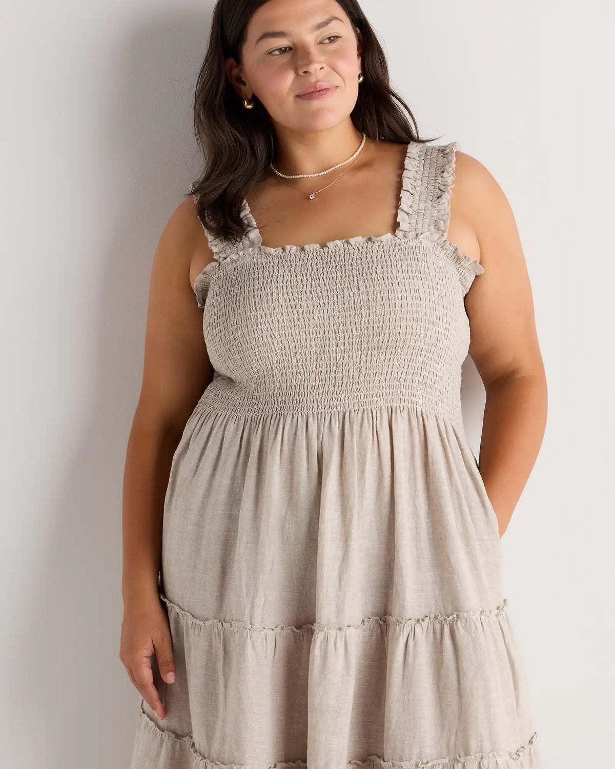 100% European Linen Smocked Midi Dress