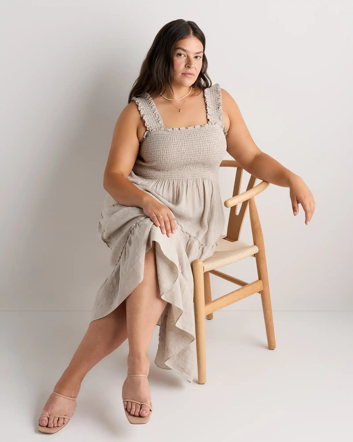 100% European Linen Smocked Midi Dress