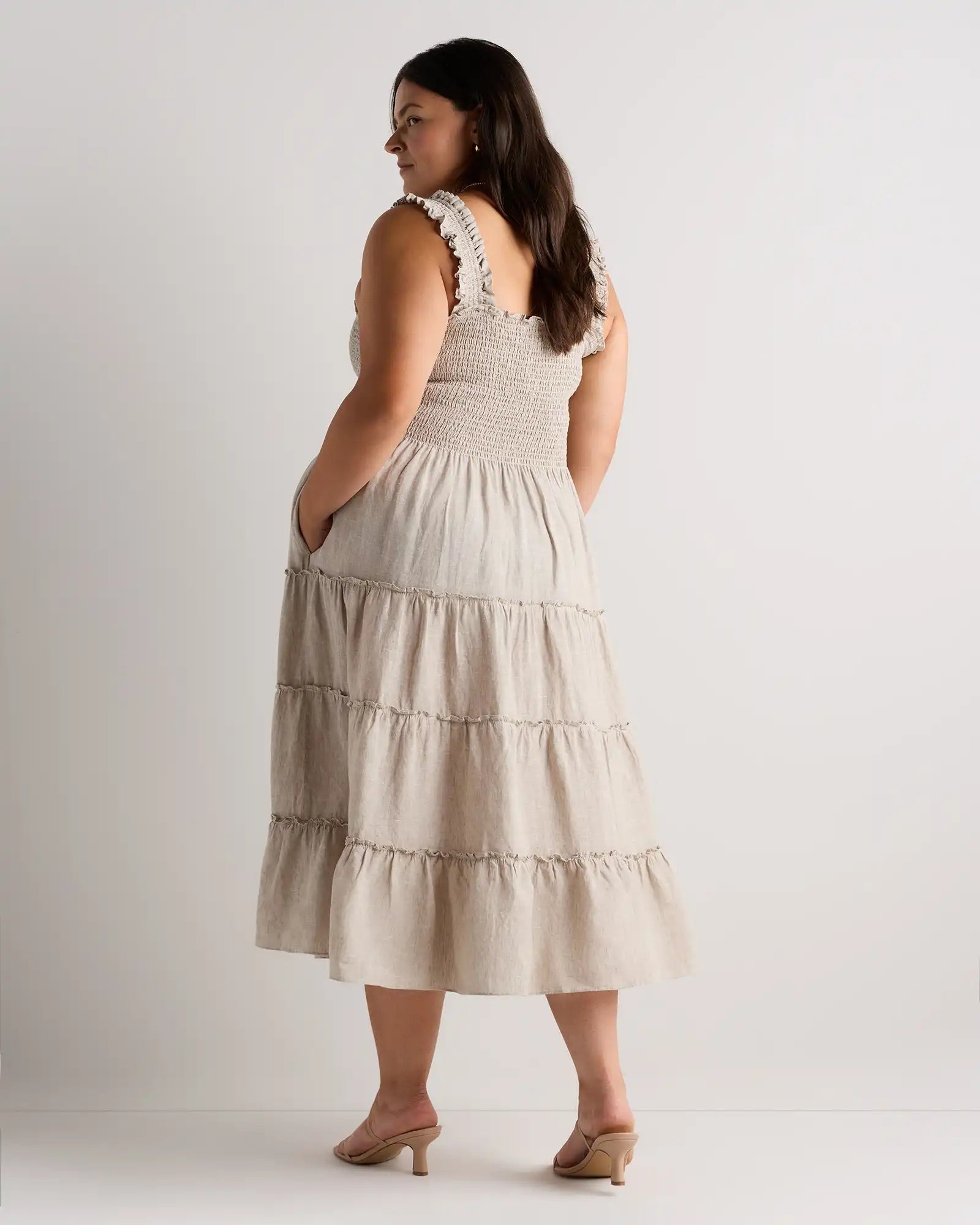 100% European Linen Smocked Midi Dress