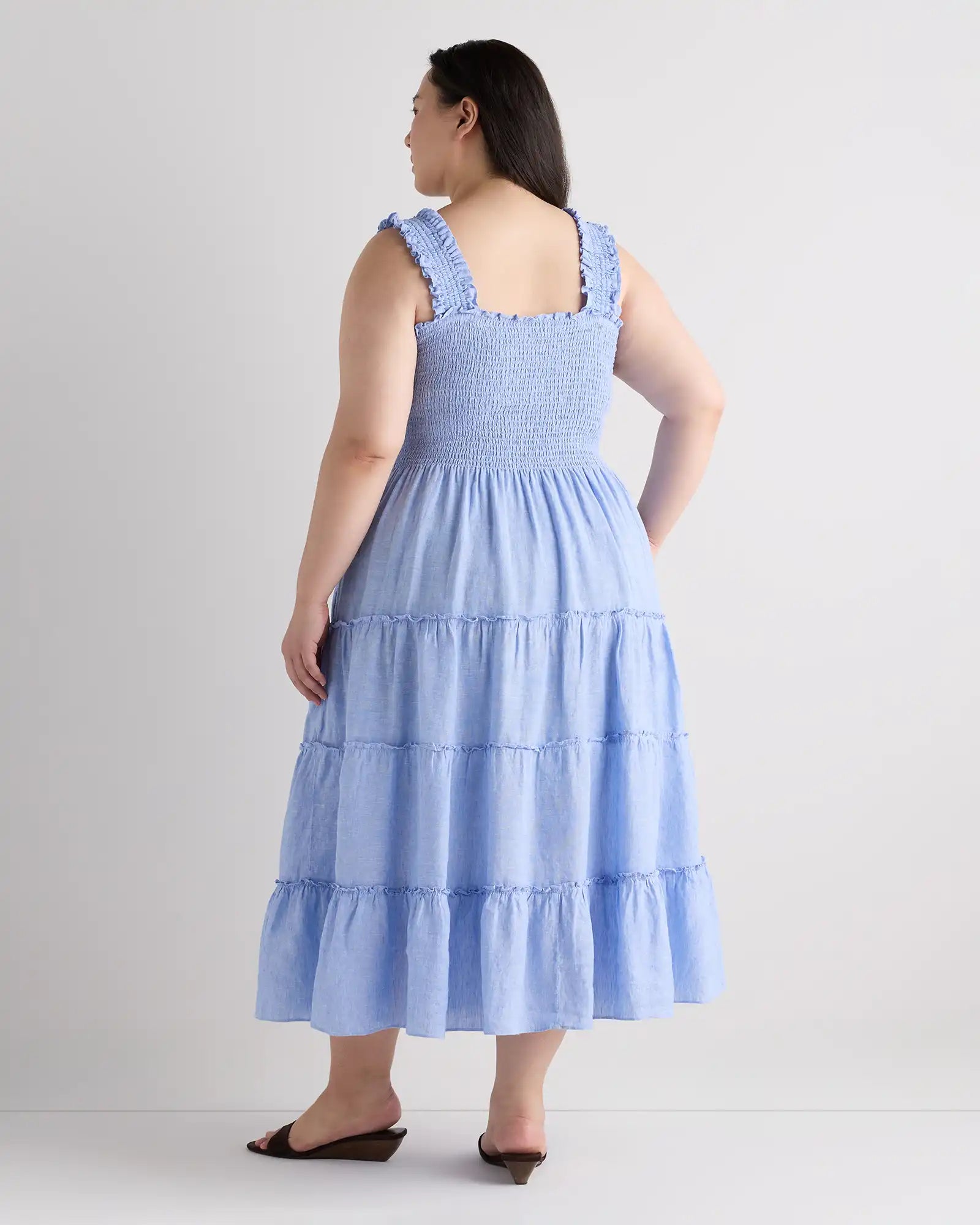 100% European Linen Smocked Midi Dress