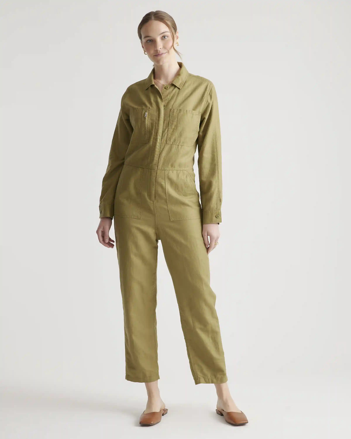 Cotton Linen Twill Long Sleeve Coverall Jumpsuit