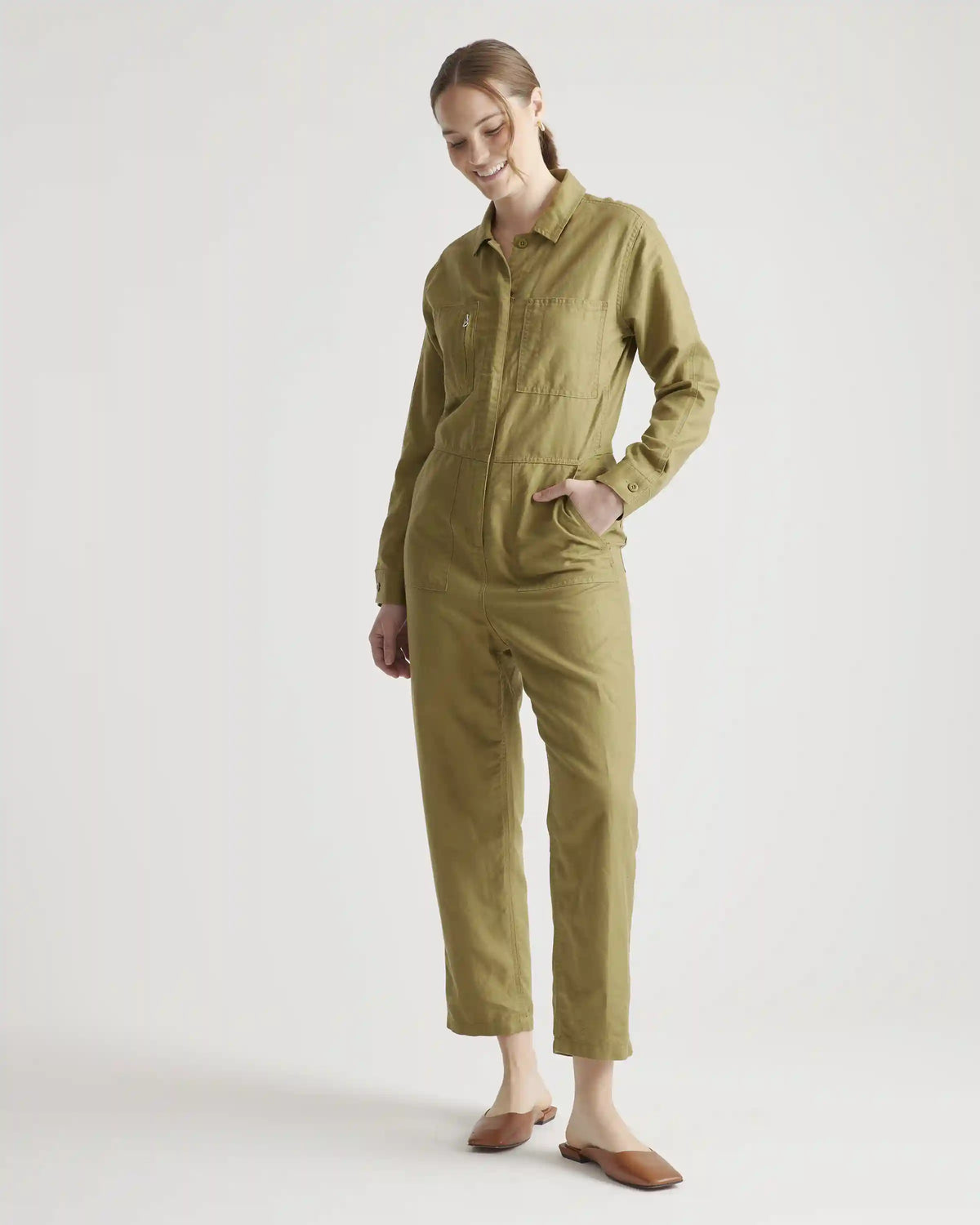 Cotton Linen Twill Long Sleeve Coverall Jumpsuit