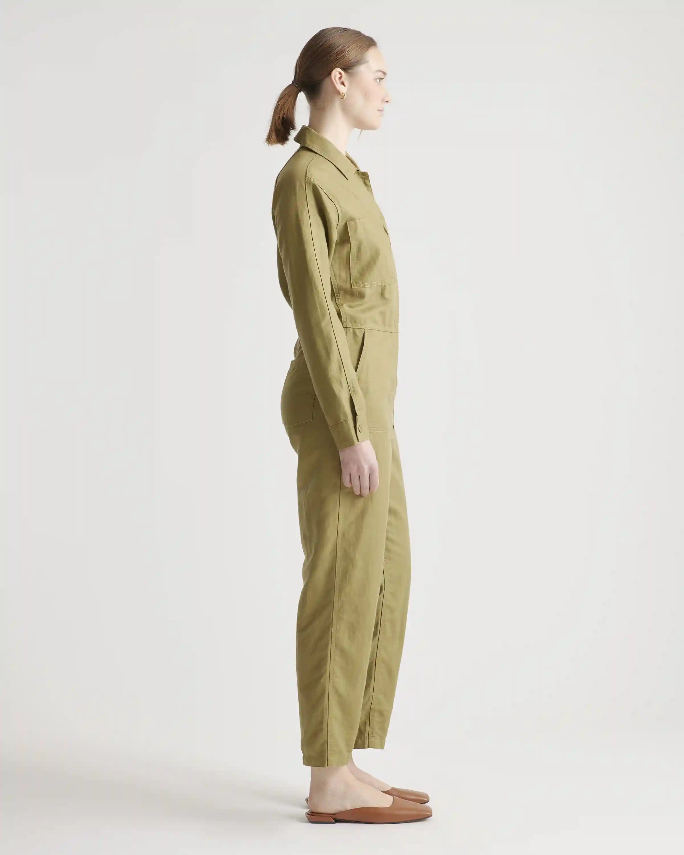 Cotton Linen Twill Long Sleeve Coverall Jumpsuit