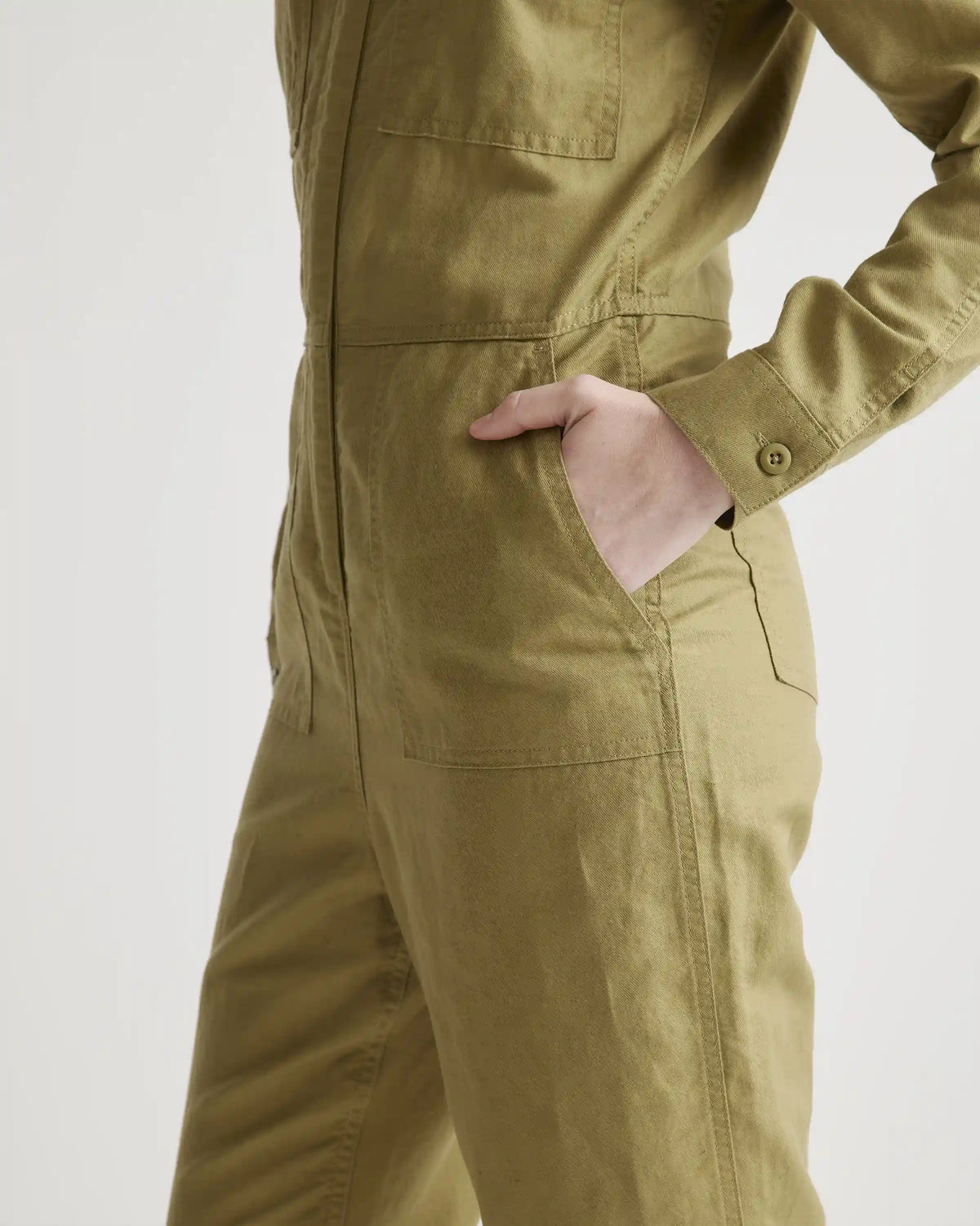 Cotton Linen Twill Long Sleeve Coverall Jumpsuit