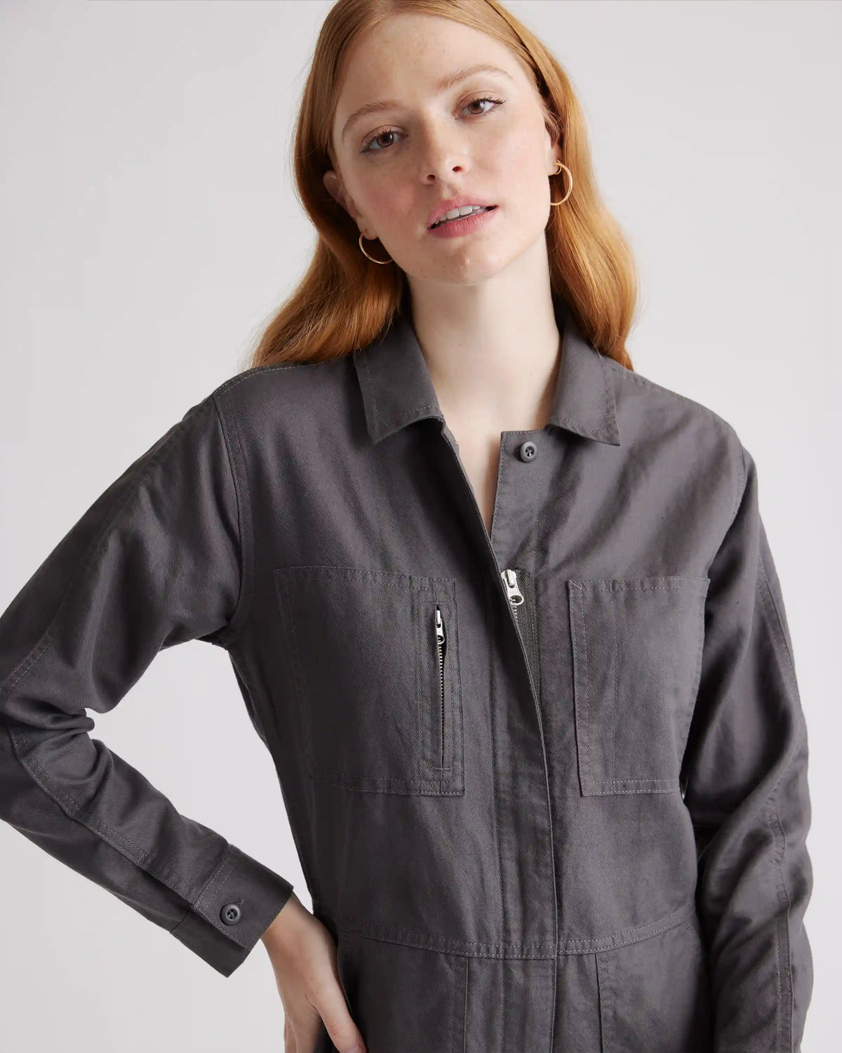Cotton Linen Twill Long Sleeve Coverall Jumpsuit