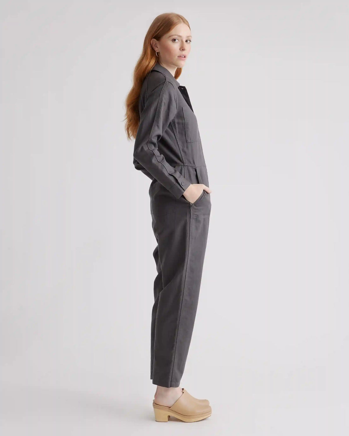 Cotton Linen Twill Long Sleeve Coverall Jumpsuit