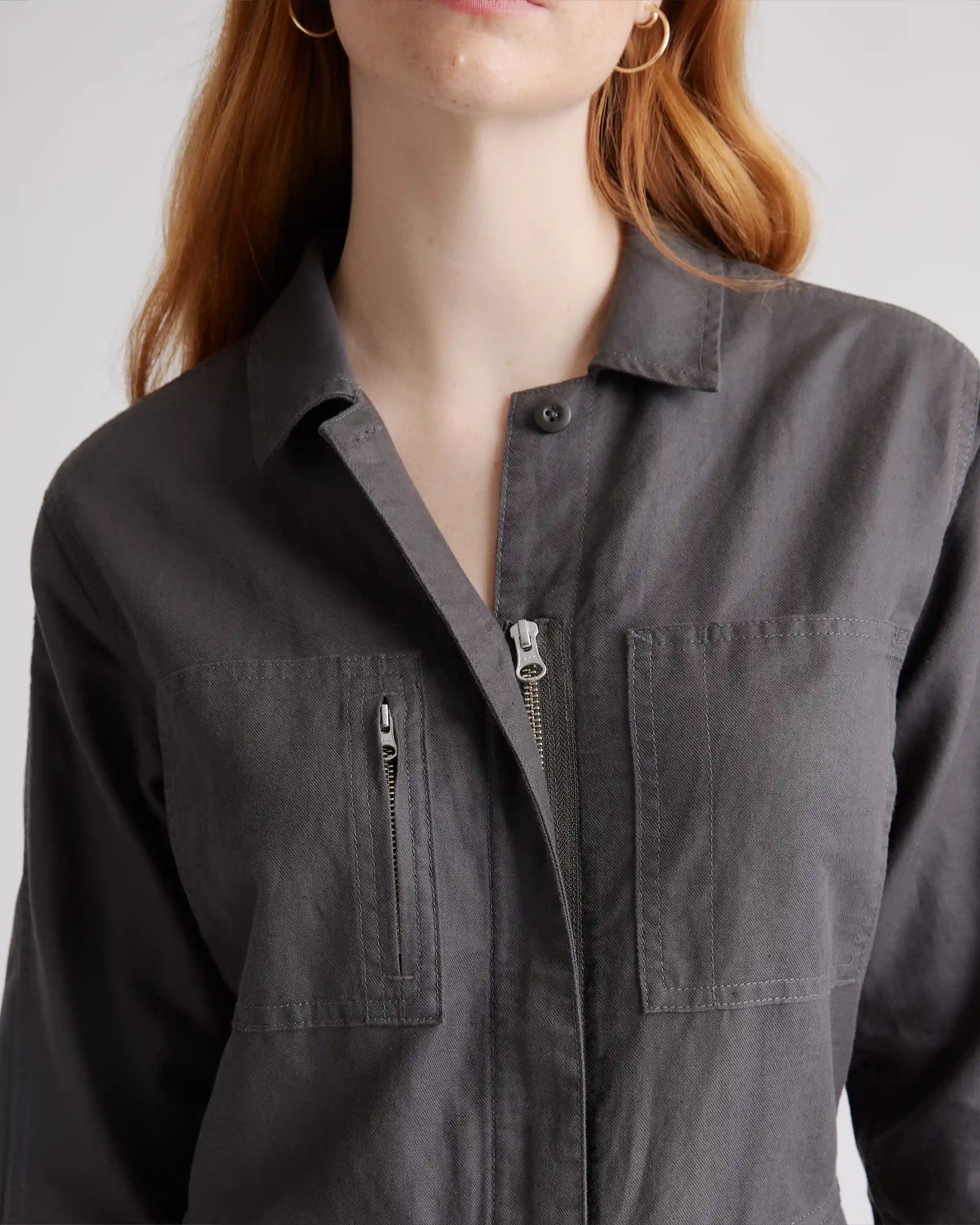 Cotton Linen Twill Long Sleeve Coverall Jumpsuit