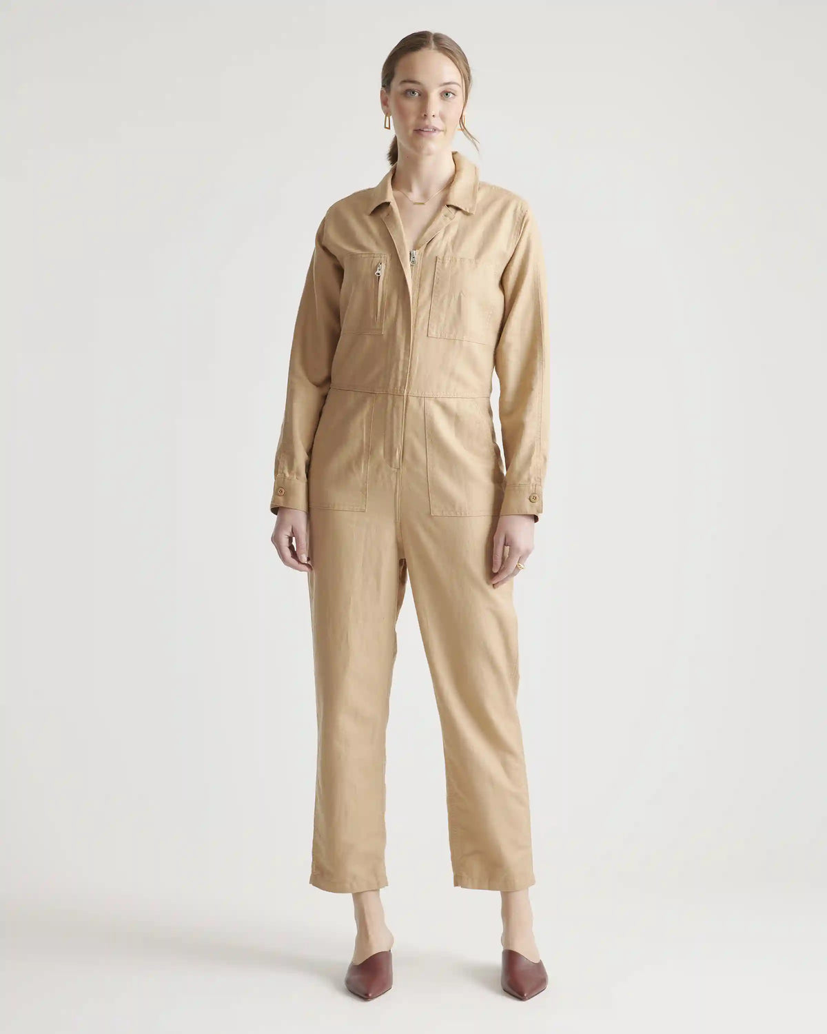 Cotton Linen Twill Long Sleeve Coverall Jumpsuit