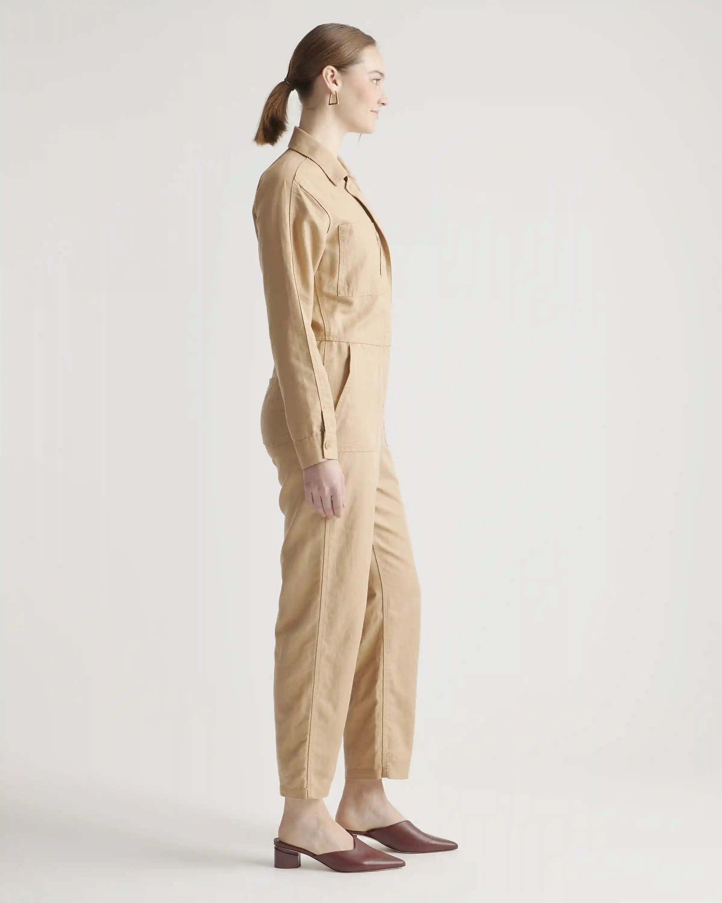Cotton Linen Twill Long Sleeve Coverall Jumpsuit