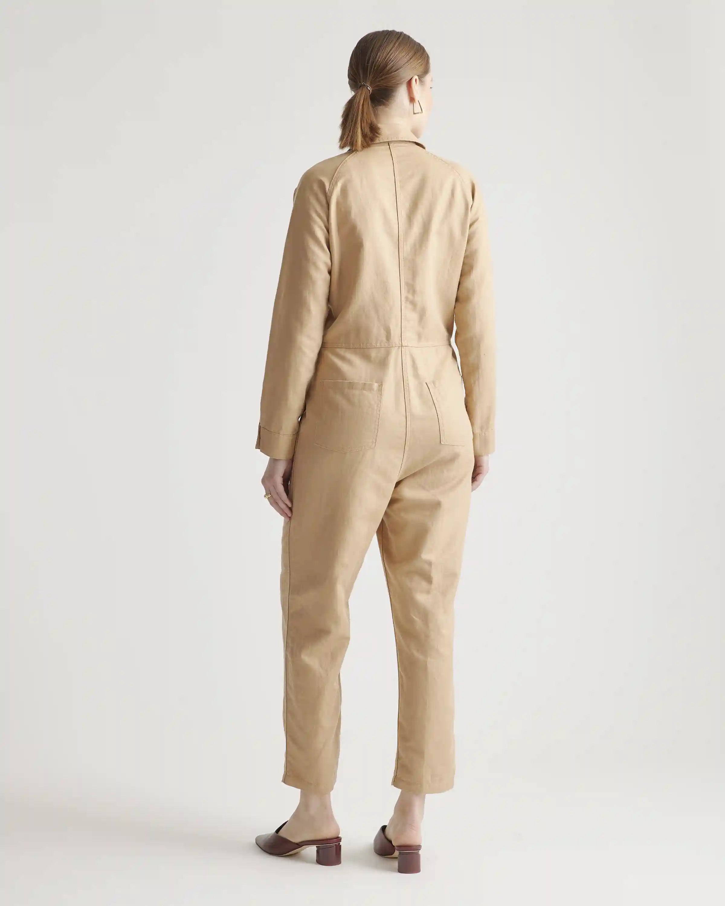 Cotton Linen Twill Long Sleeve Coverall Jumpsuit
