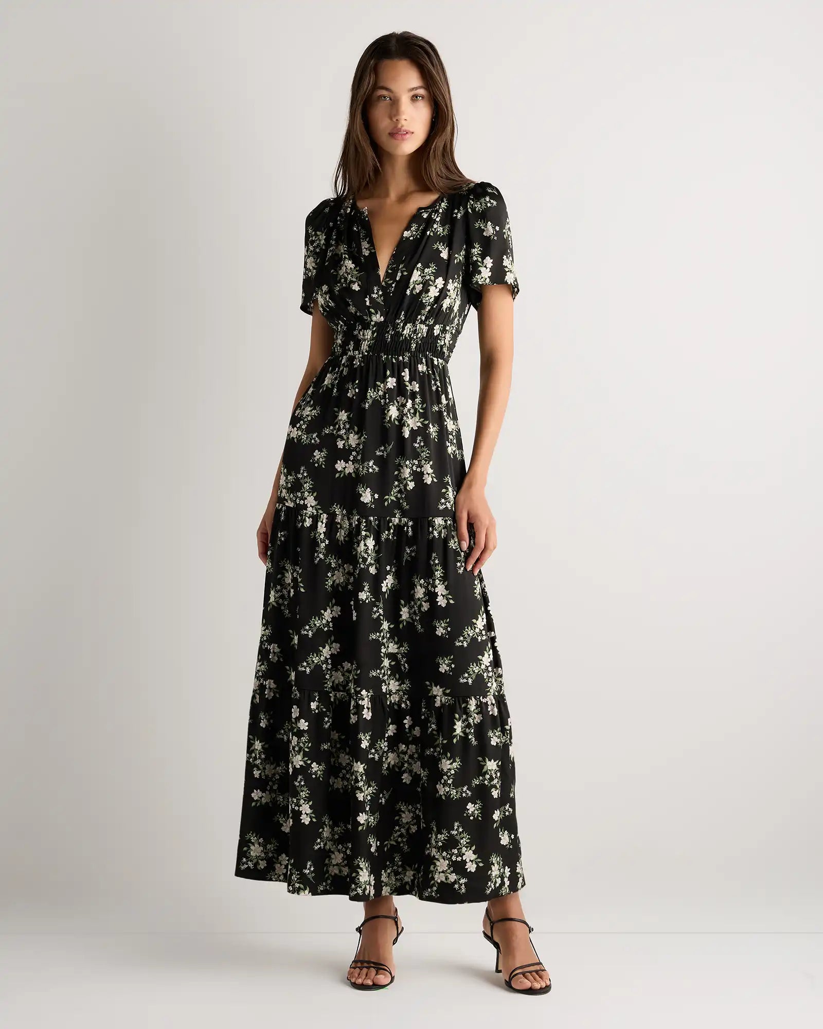 Washable Stretch Silk Tiered Maxi Dress