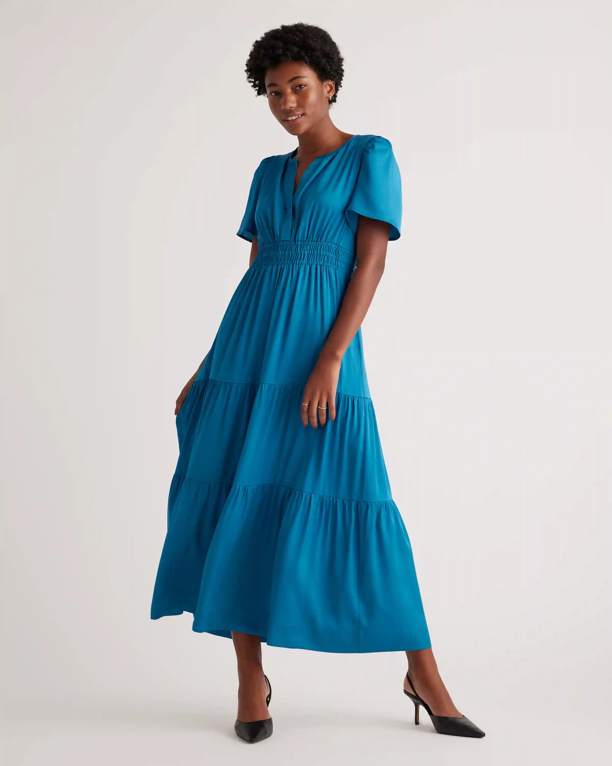 Washable Stretch Silk Tiered Maxi Dress