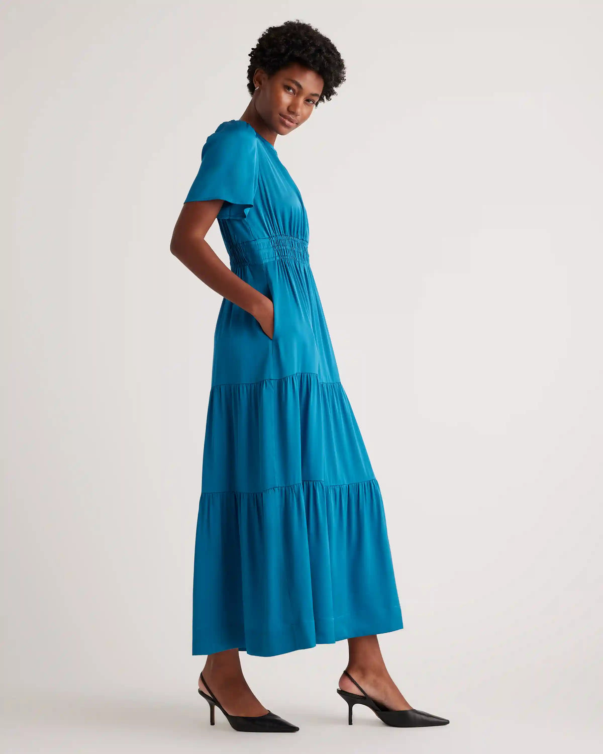 Washable Stretch Silk Tiered Maxi Dress