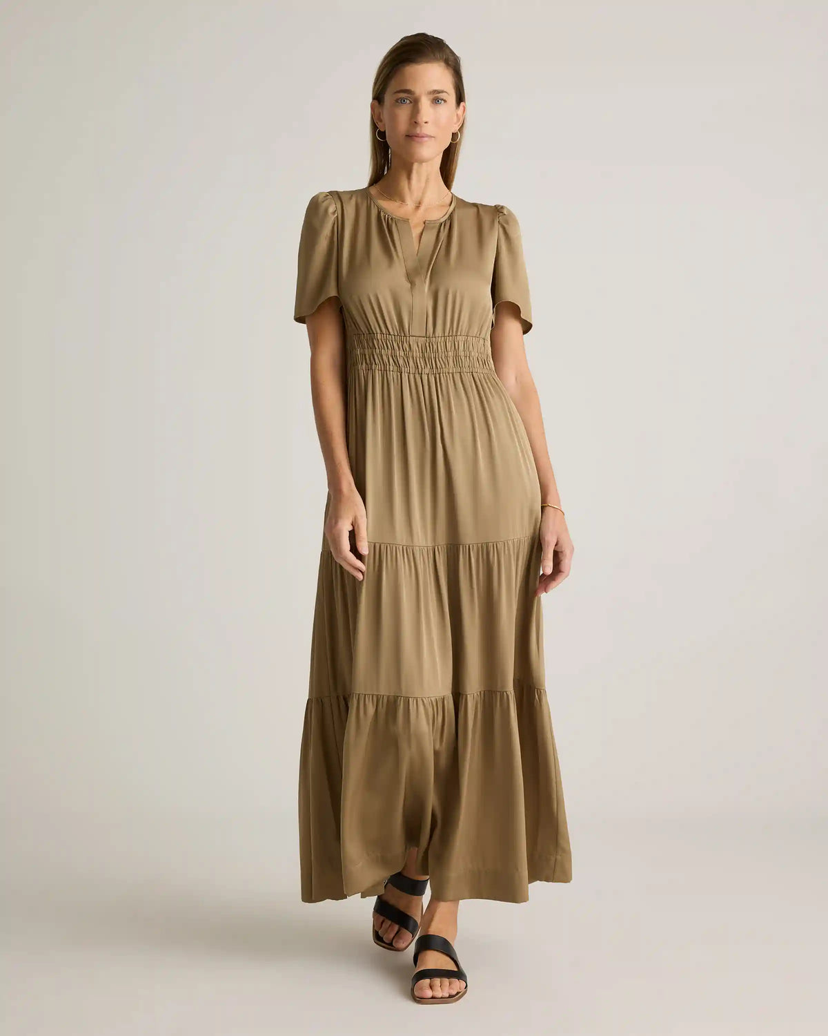 Washable Stretch Silk Tiered Maxi Dress