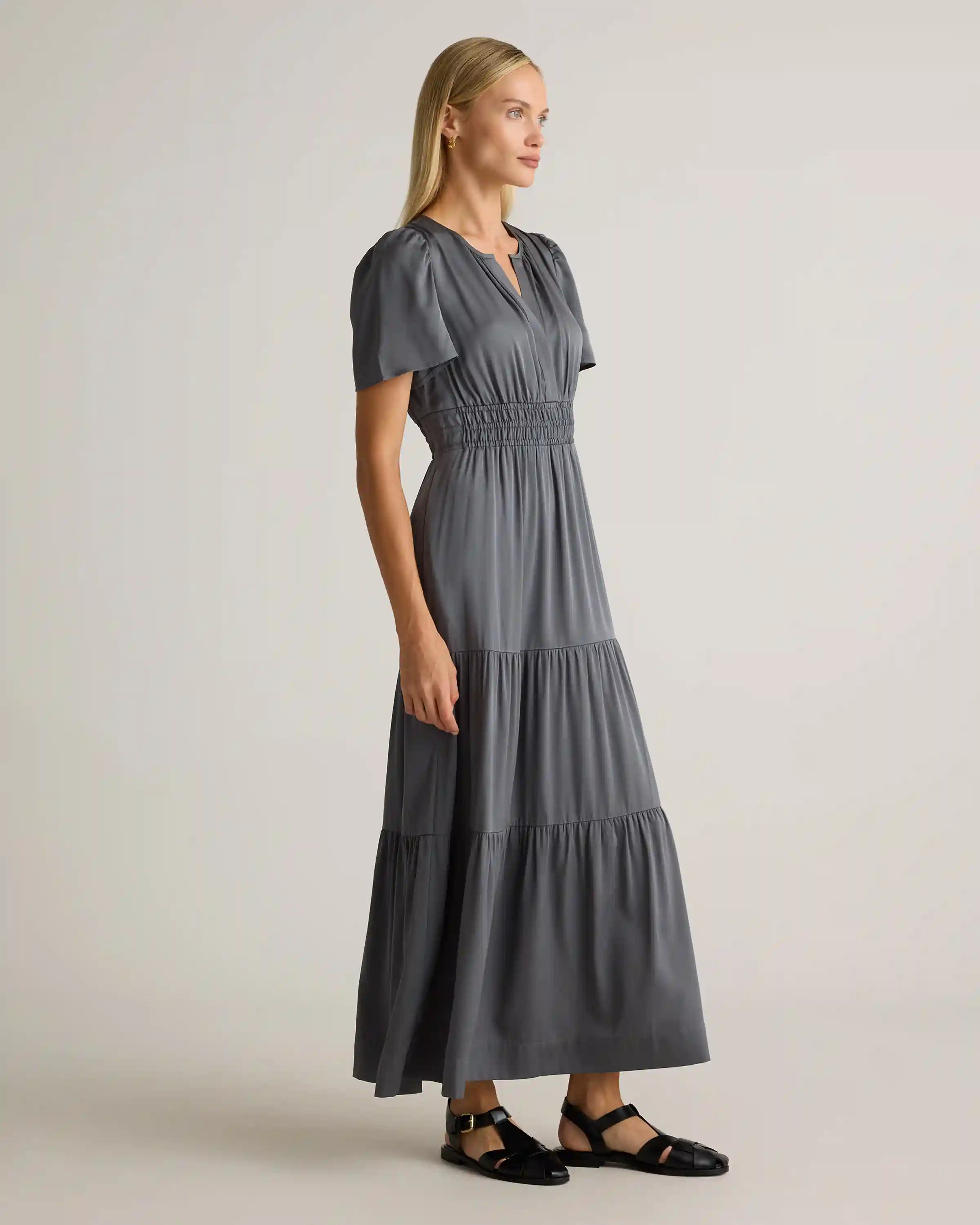 Washable Stretch Silk Tiered Maxi Dress