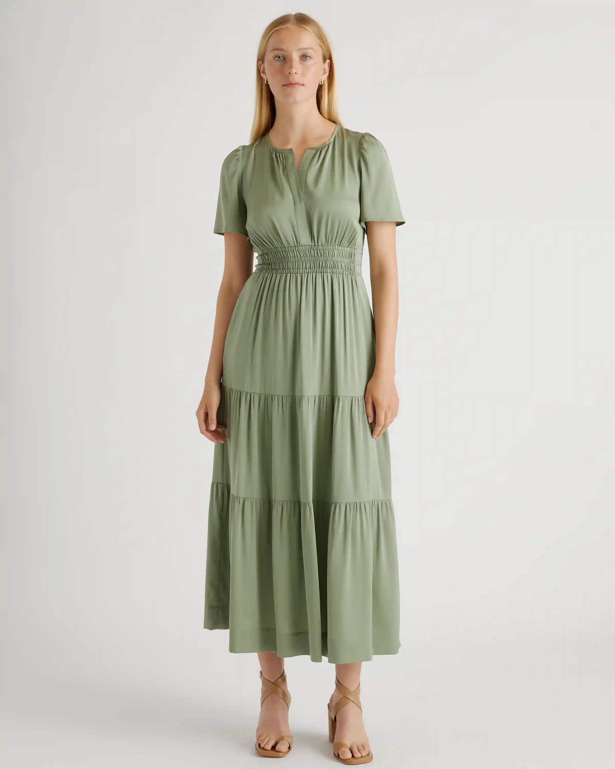 Washable Stretch Silk Tiered Maxi Dress