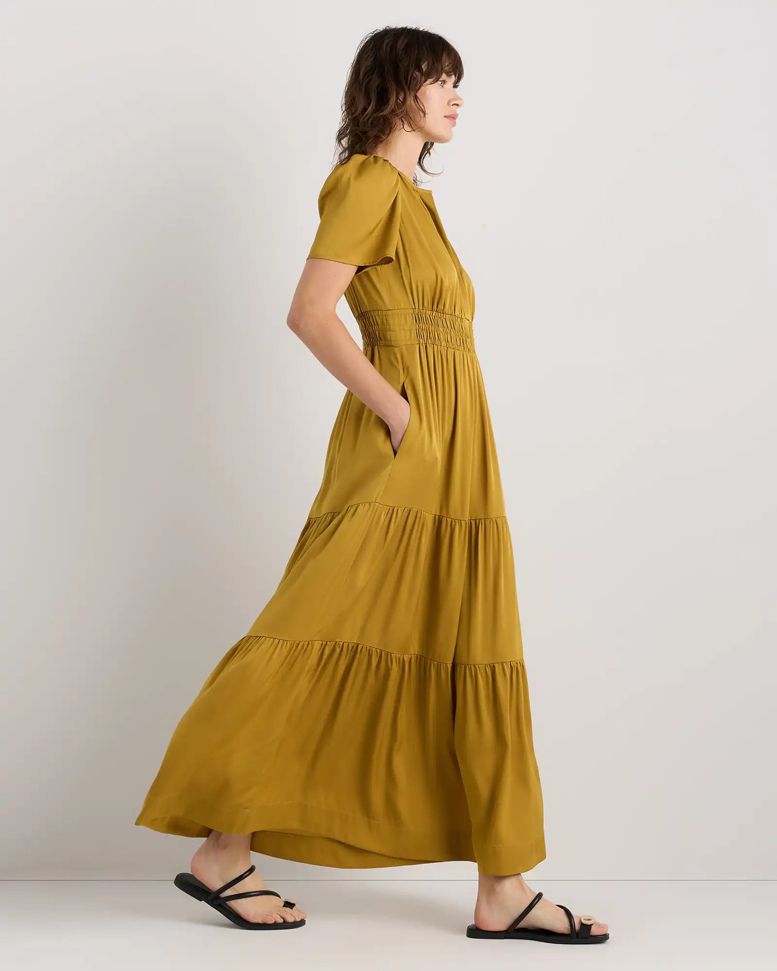 Washable Stretch Silk Tiered Maxi Dress