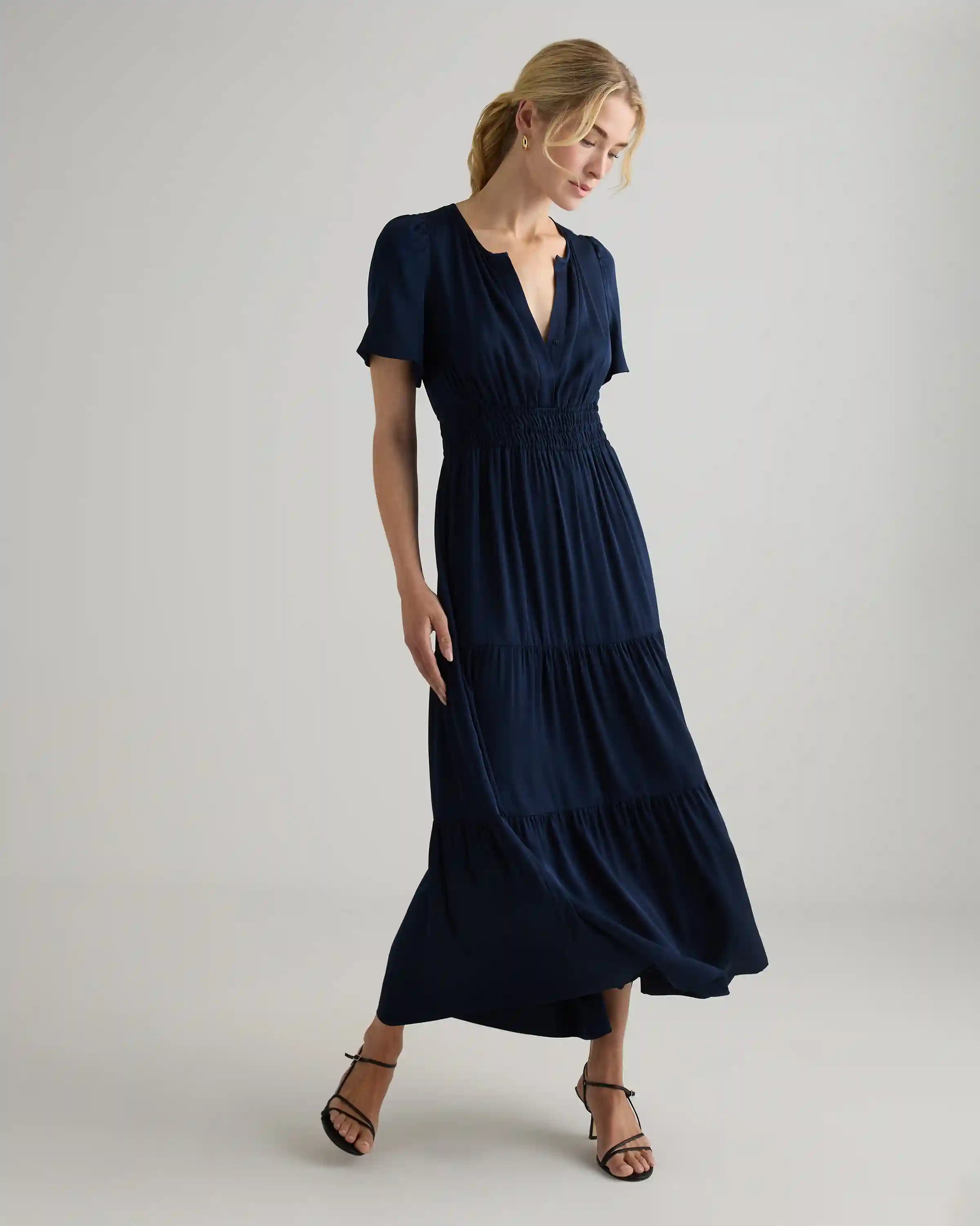 Washable Stretch Silk Tiered Maxi Dress