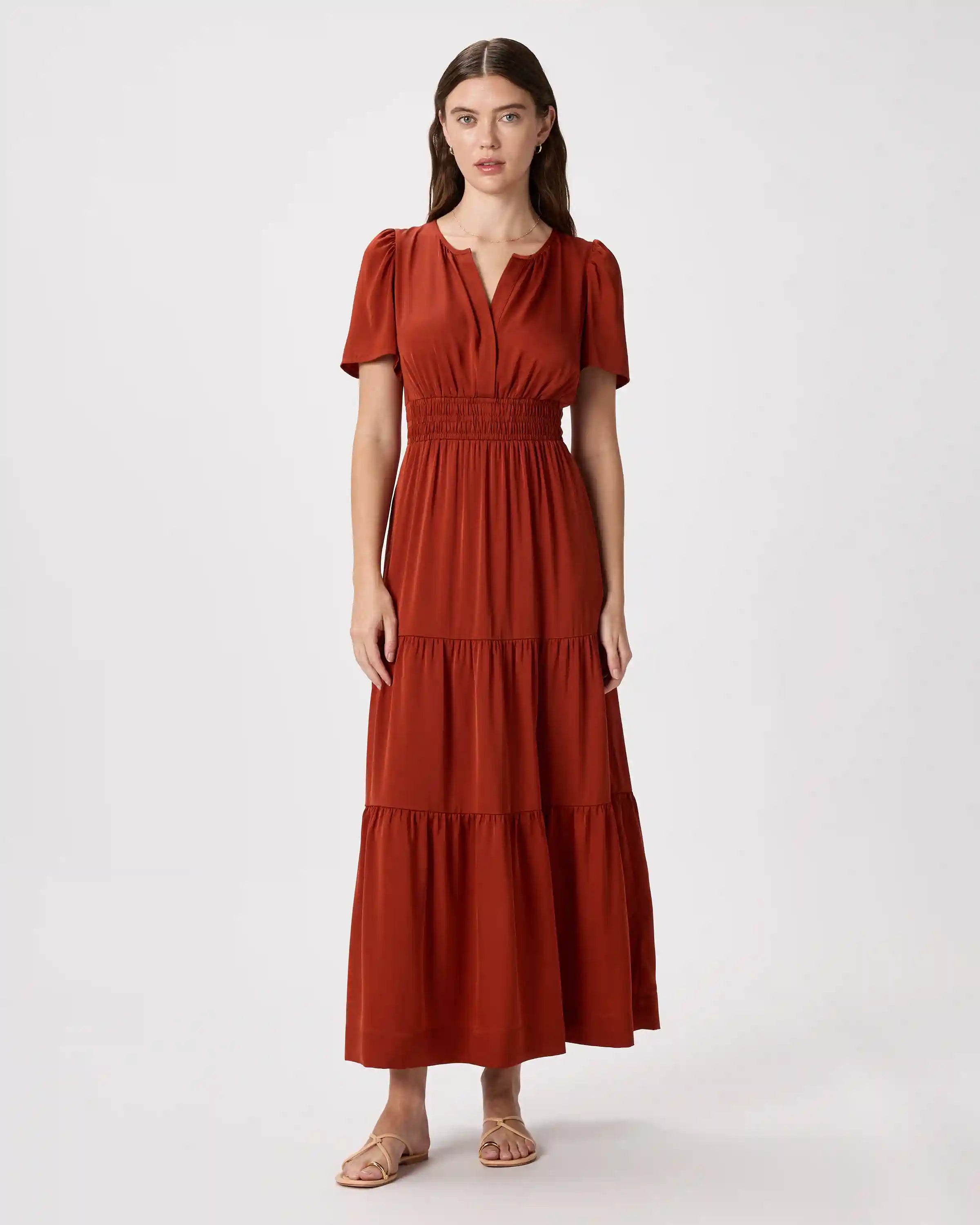 Washable Stretch Silk Tiered Maxi Dress