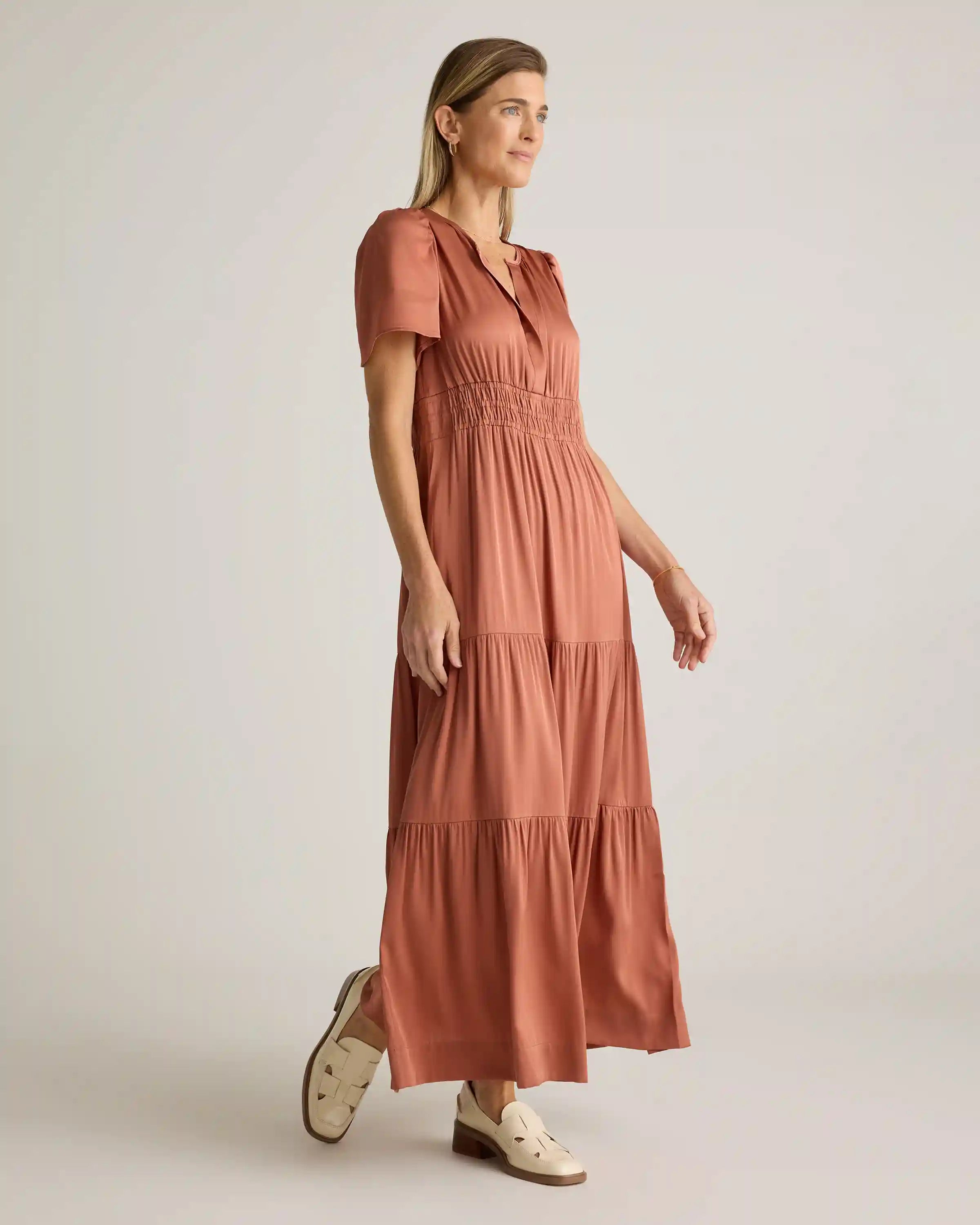 Washable Stretch Silk Tiered Maxi Dress
