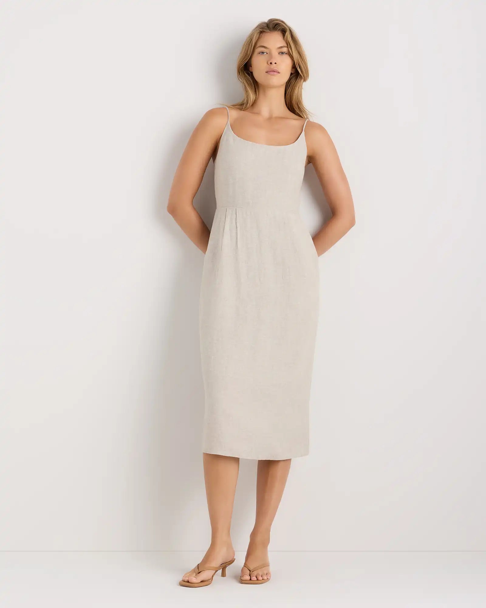 100% European Linen Scoop Neck Midi Dress