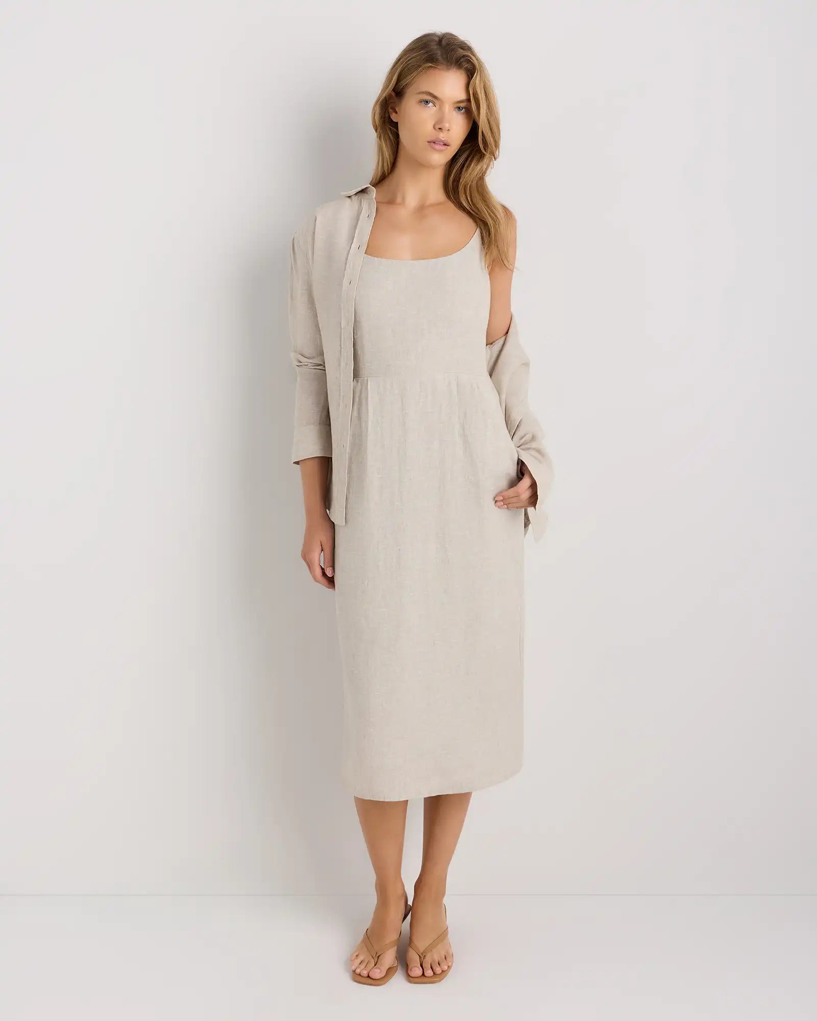 100% European Linen Scoop Neck Midi Dress