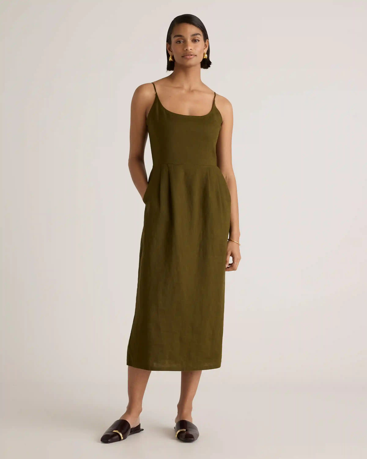 100% European Linen Scoop Neck Midi Dress
