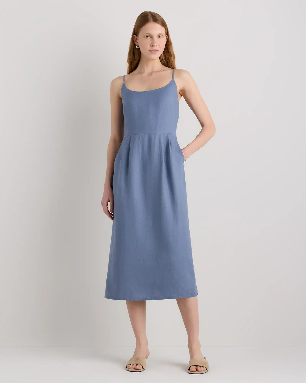 100% European Linen Scoop Neck Midi Dress