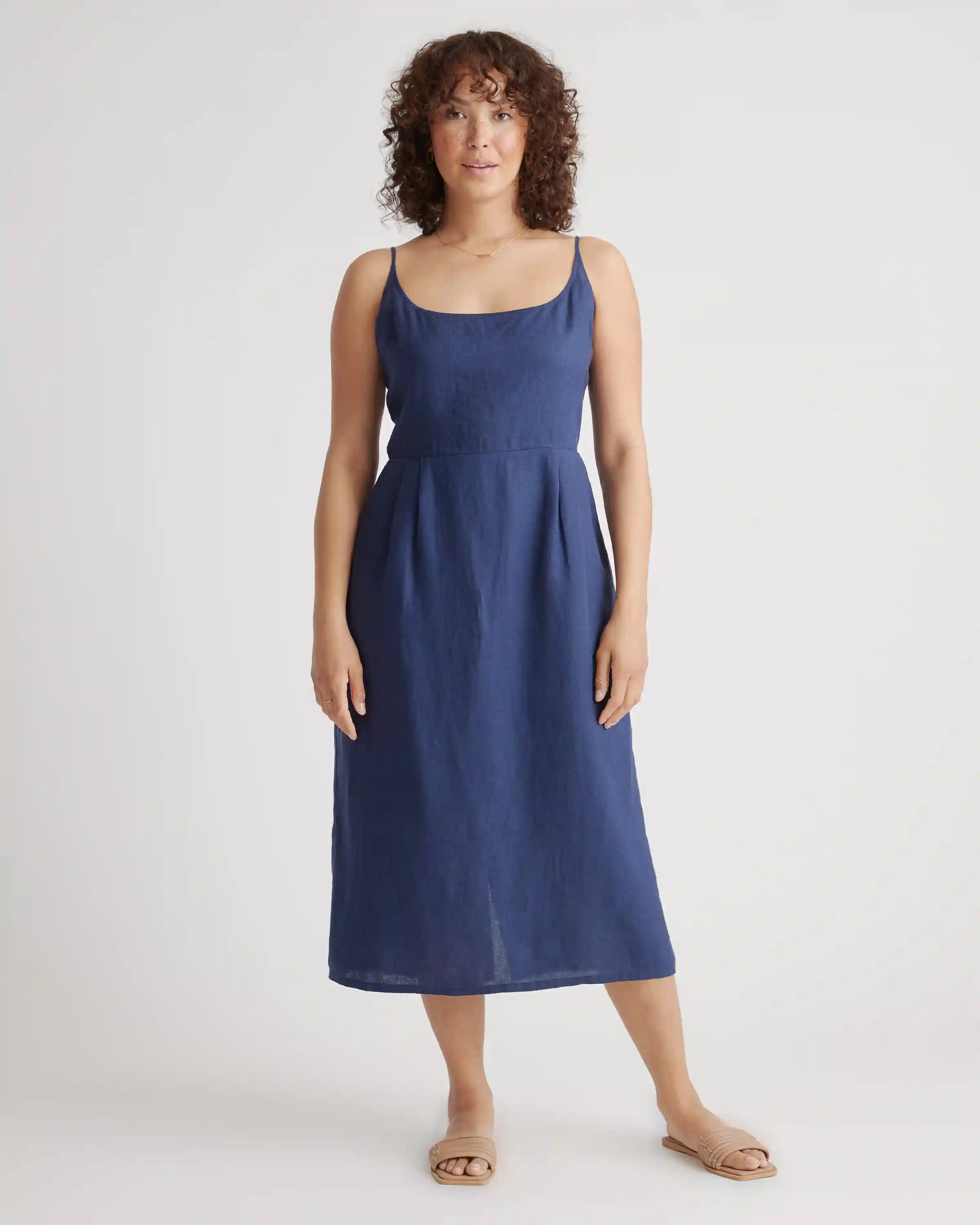 100% European Linen Scoop Neck Midi Dress