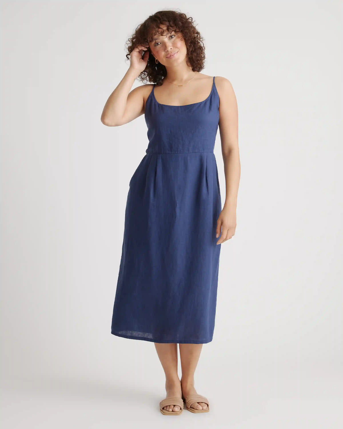 100% European Linen Scoop Neck Midi Dress