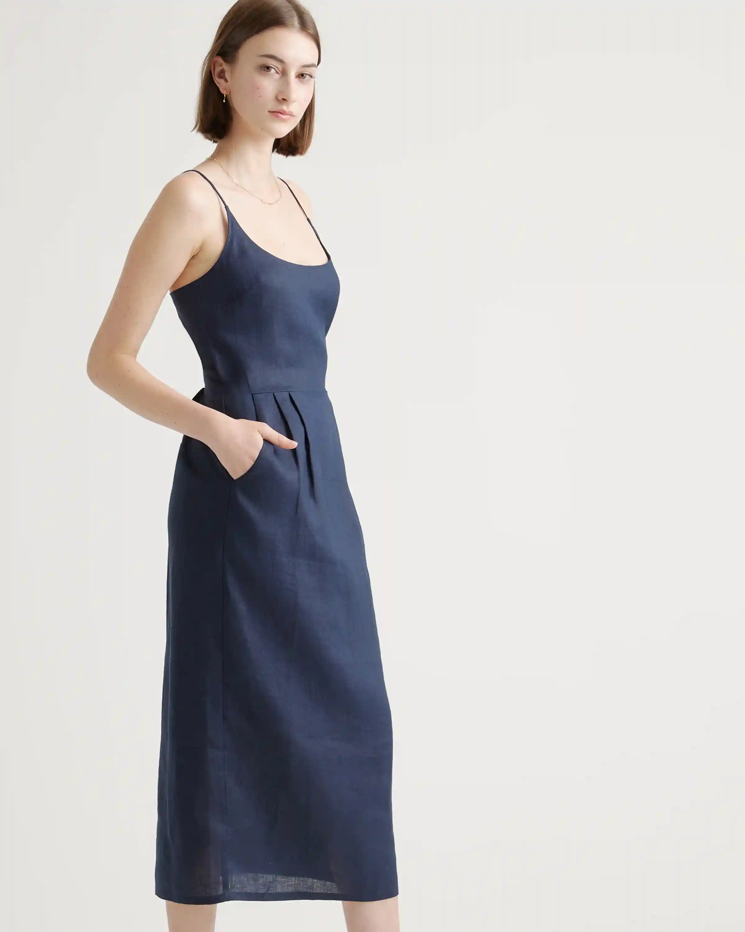 100% European Linen Scoop Neck Midi Dress