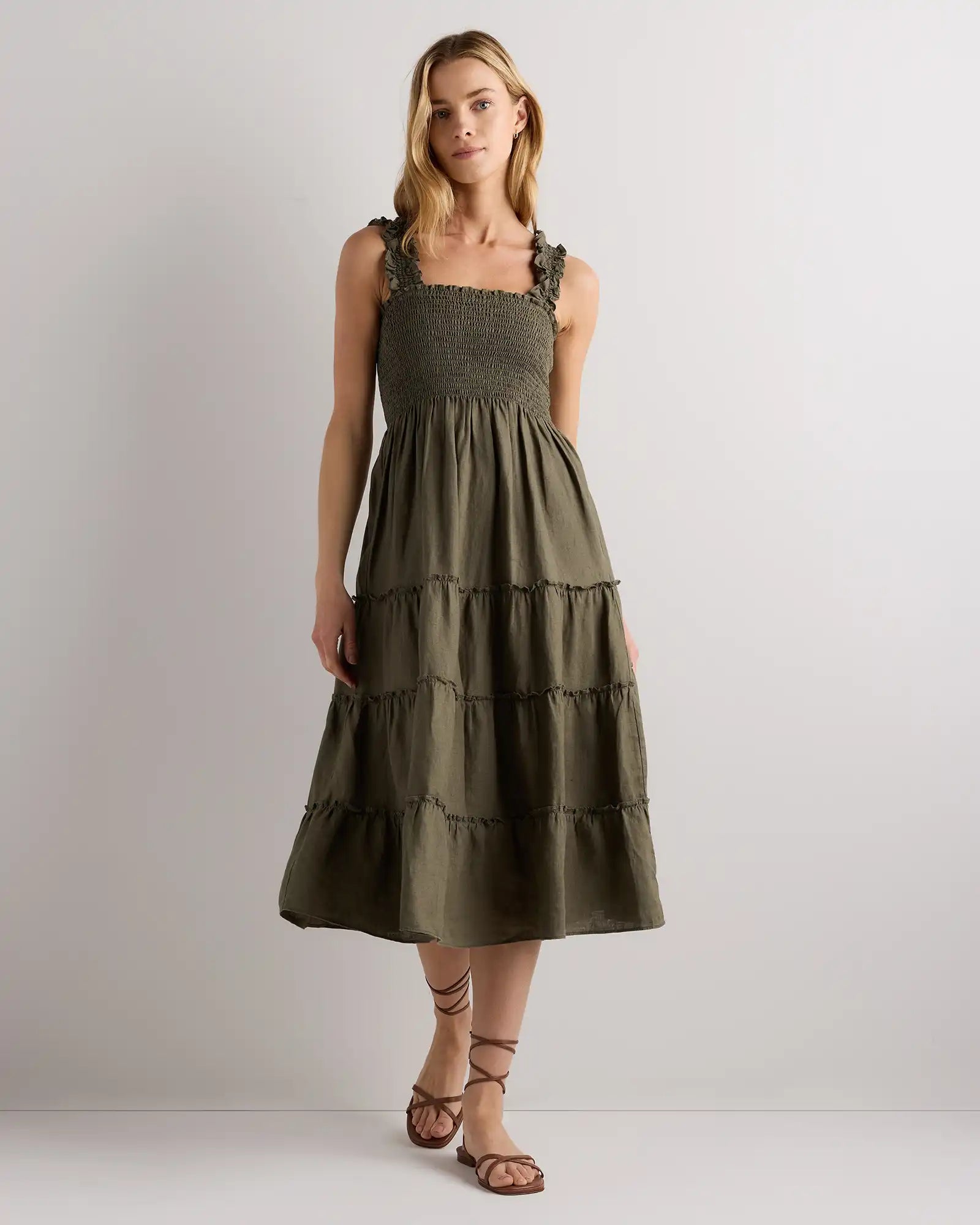 100% European Linen Smocked Midi Dress