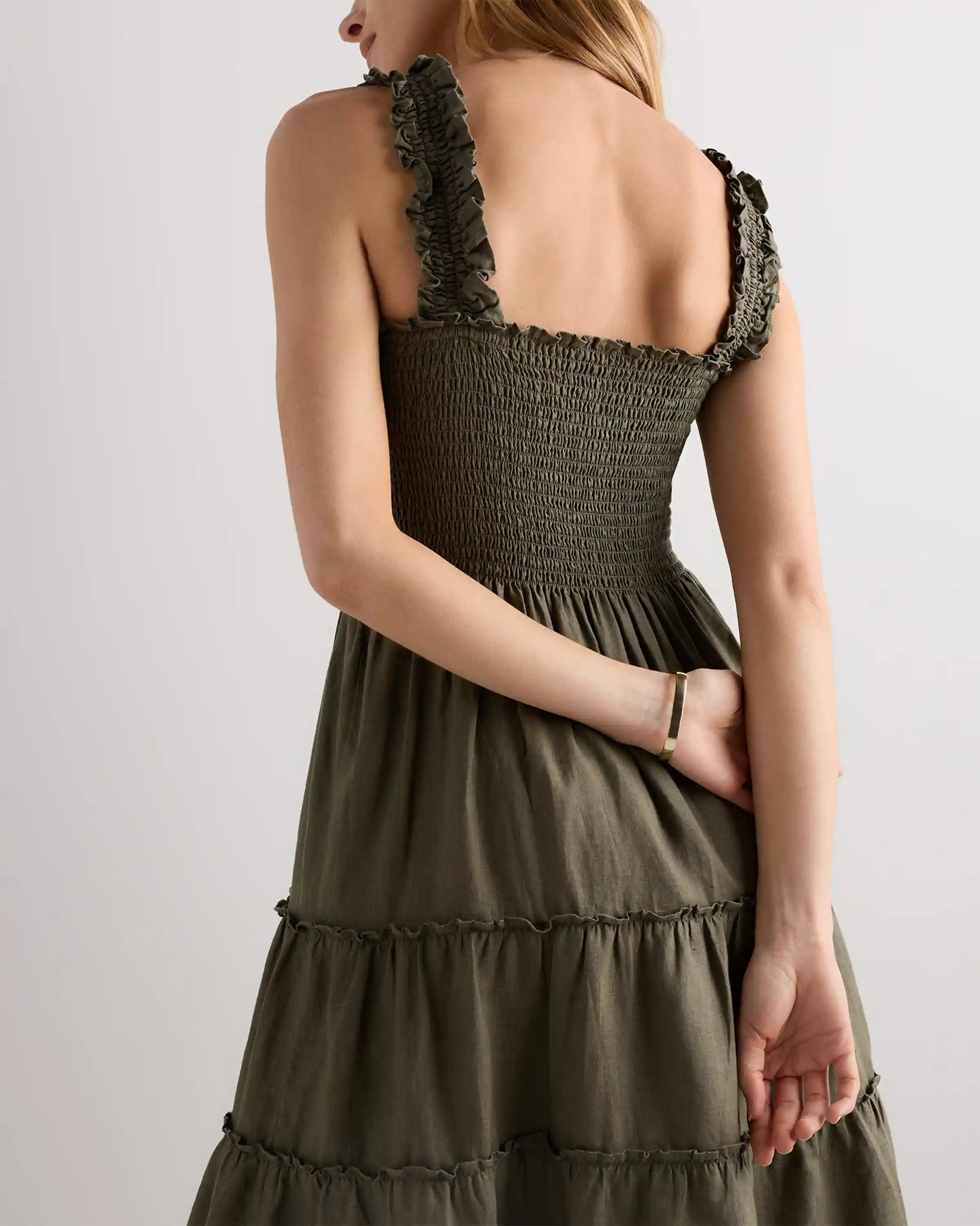 100% European Linen Smocked Midi Dress