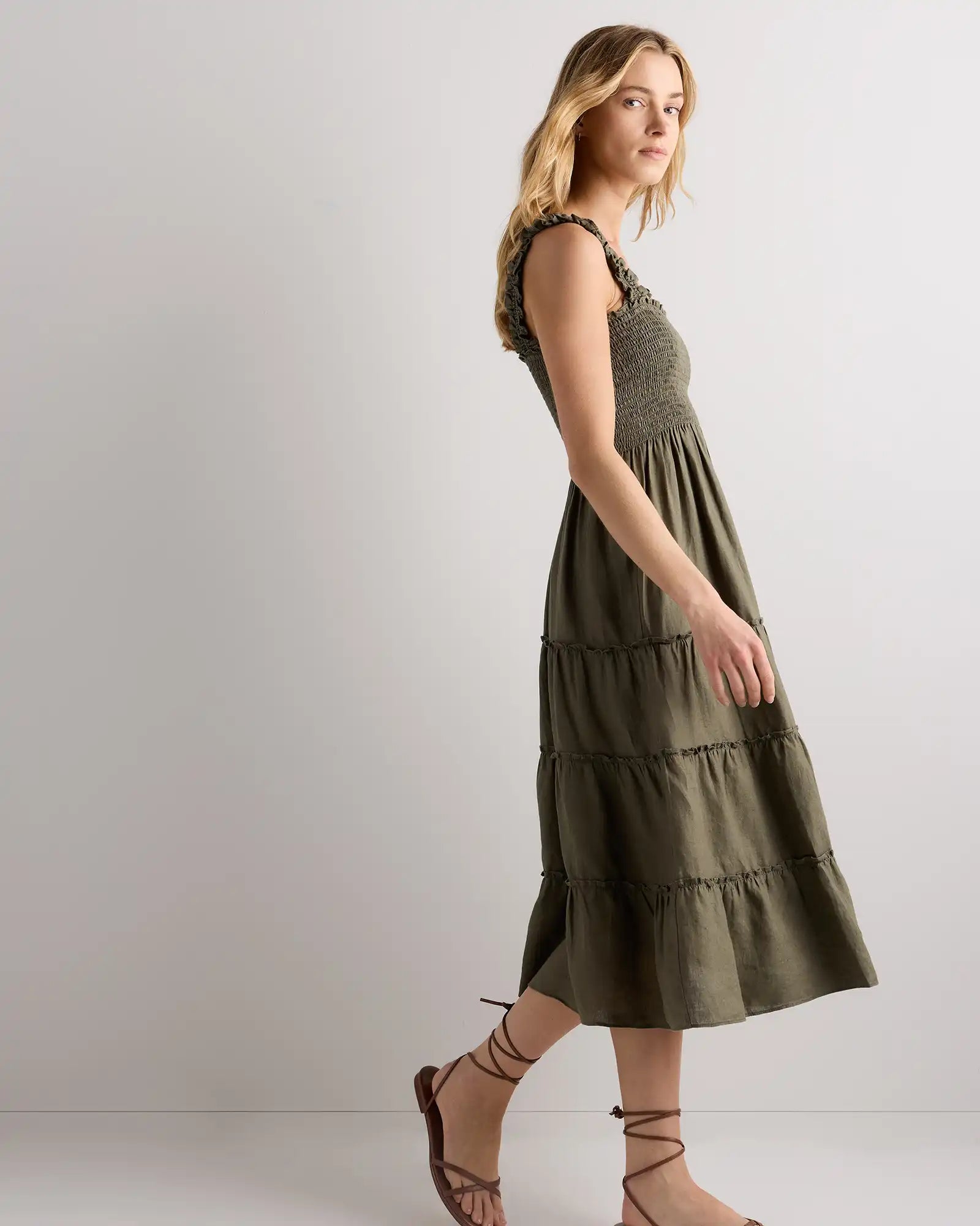 100% European Linen Smocked Midi Dress