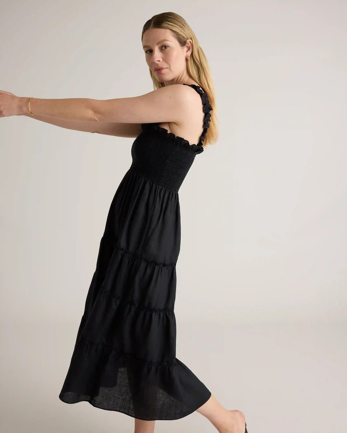 100% European Linen Smocked Midi Dress