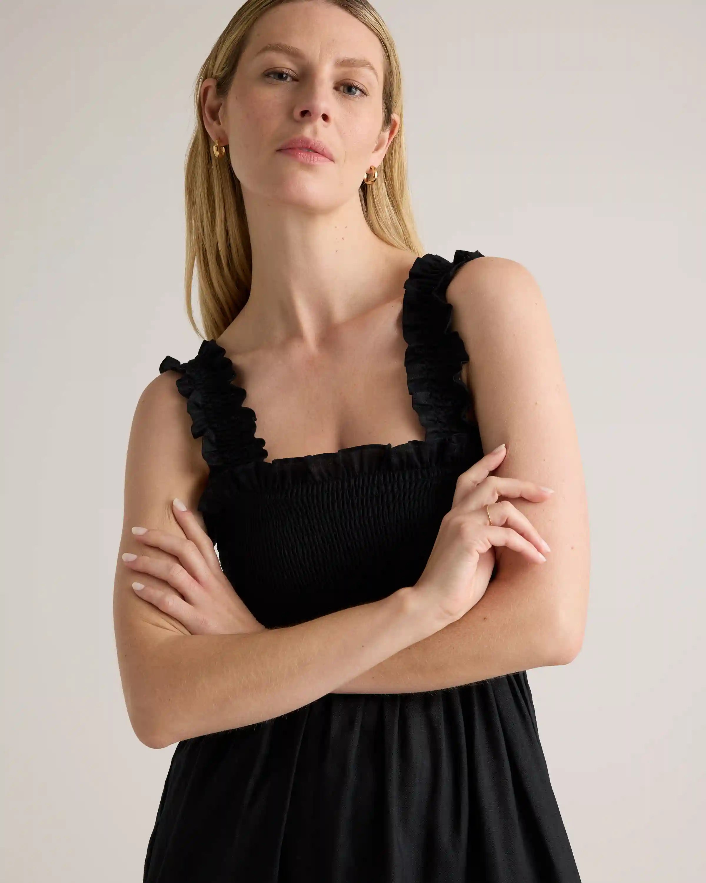 100% European Linen Smocked Midi Dress