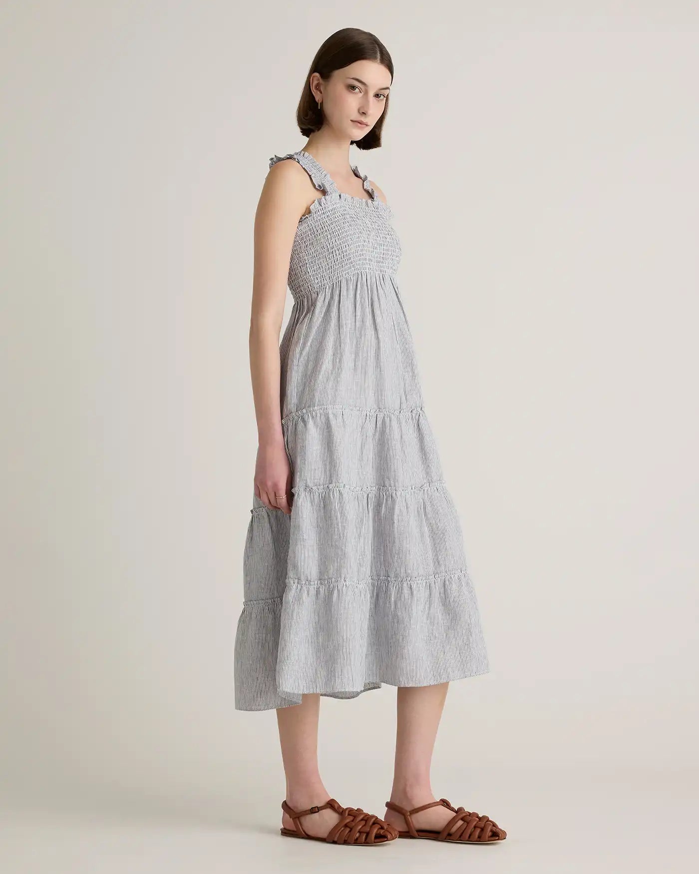 100% European Linen Smocked Midi Dress