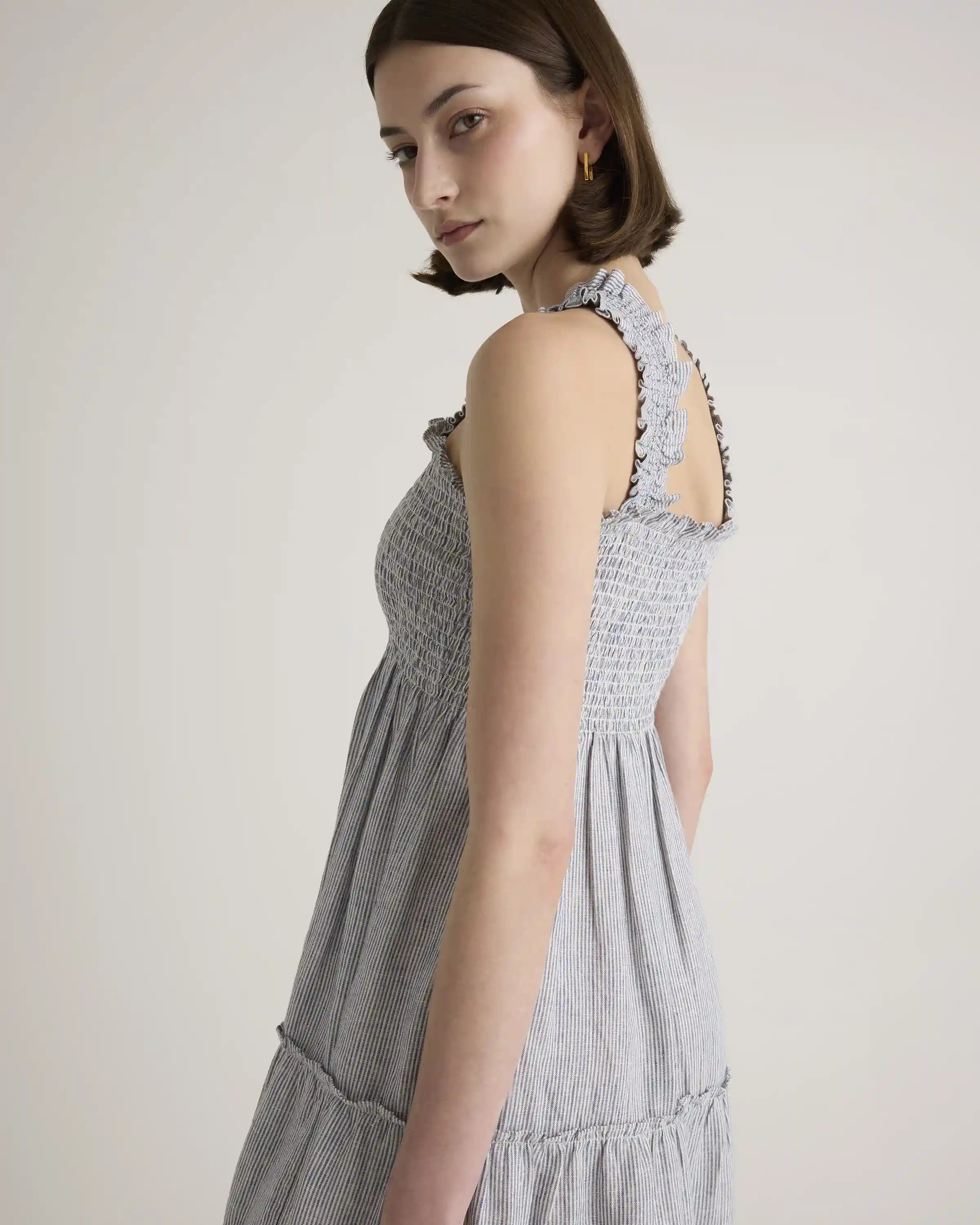 100% European Linen Smocked Midi Dress