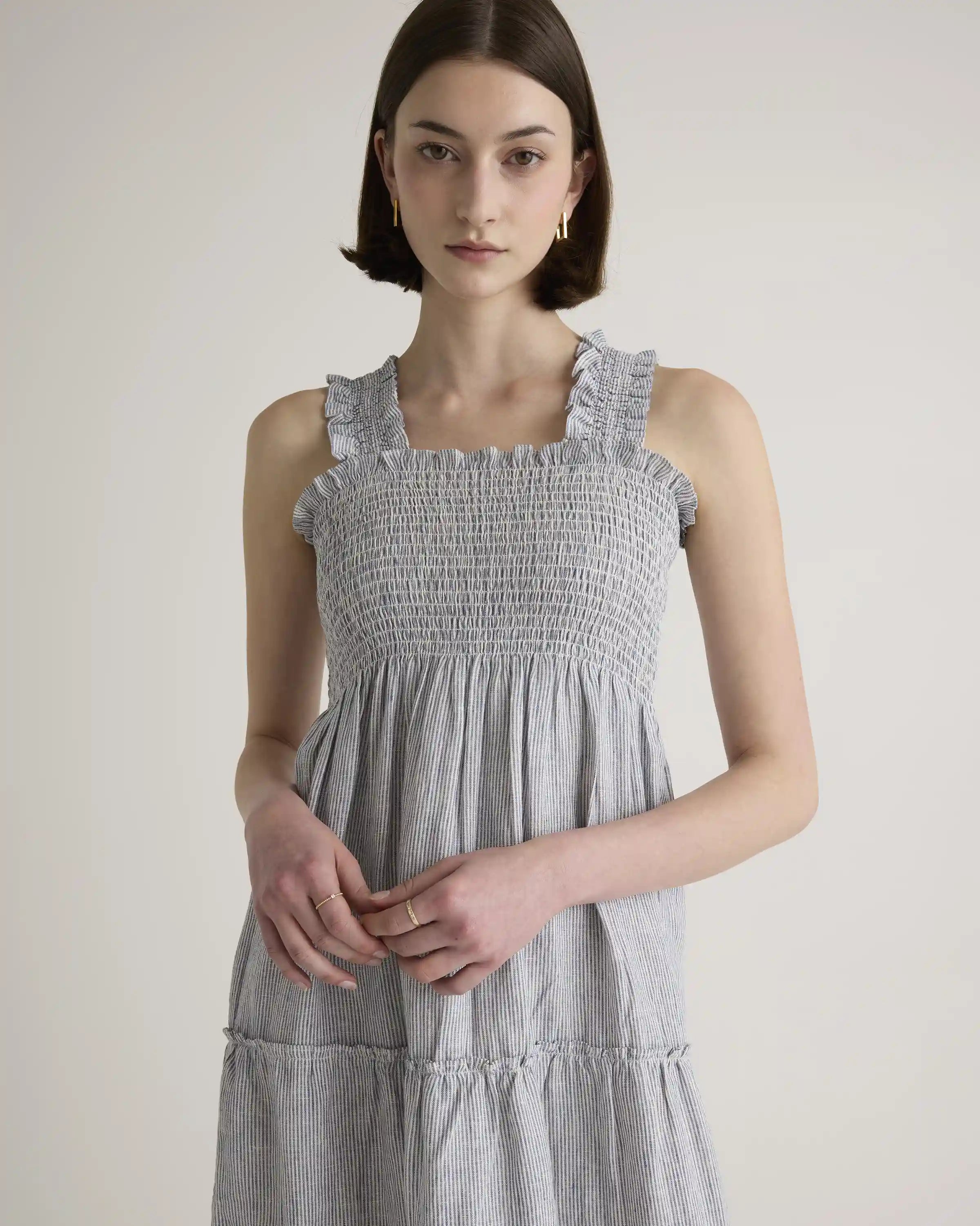 100% European Linen Smocked Midi Dress