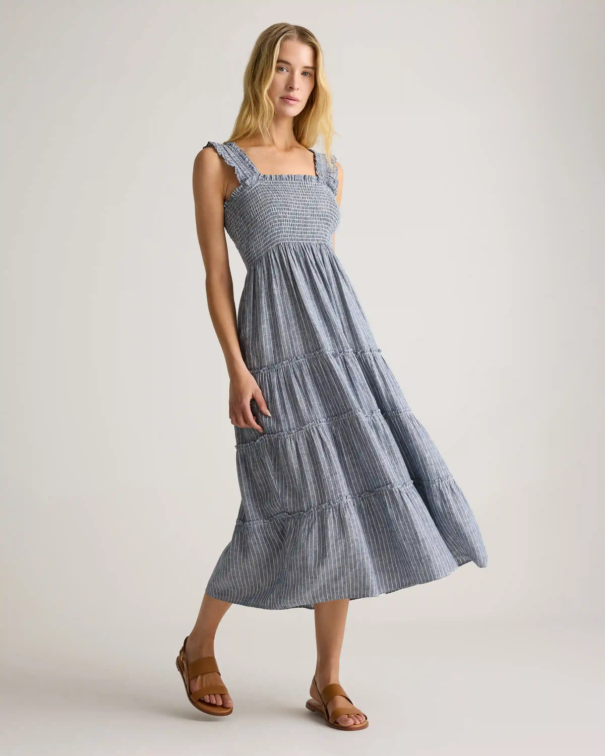 100% European Linen Smocked Midi Dress