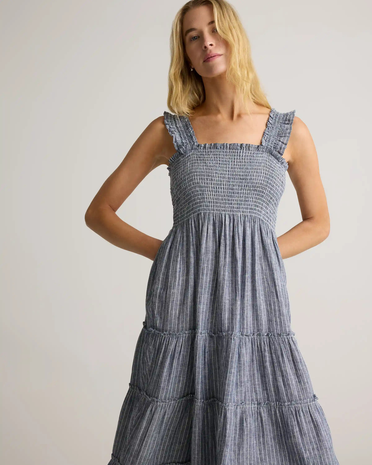 100% European Linen Smocked Midi Dress