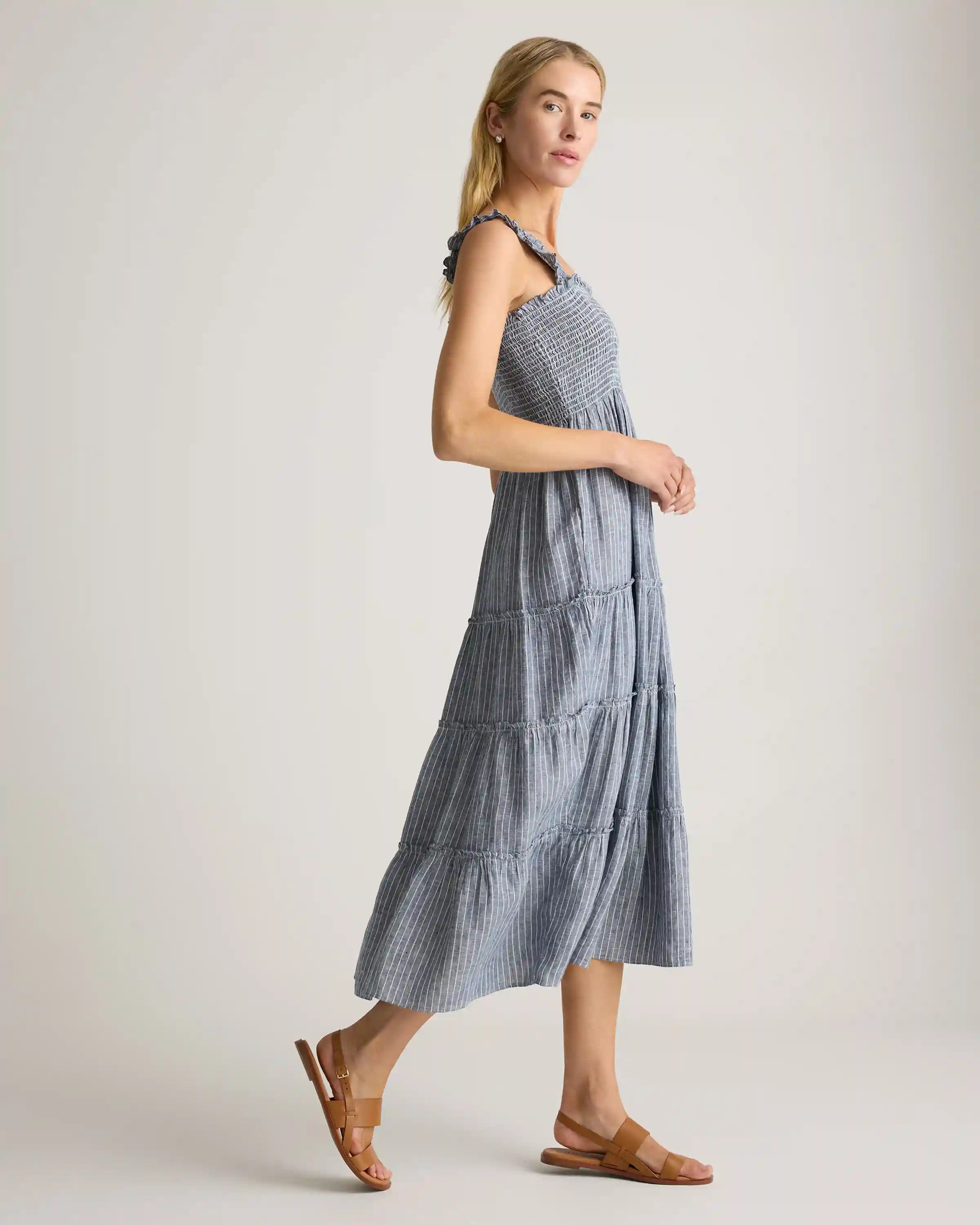 100% European Linen Smocked Midi Dress